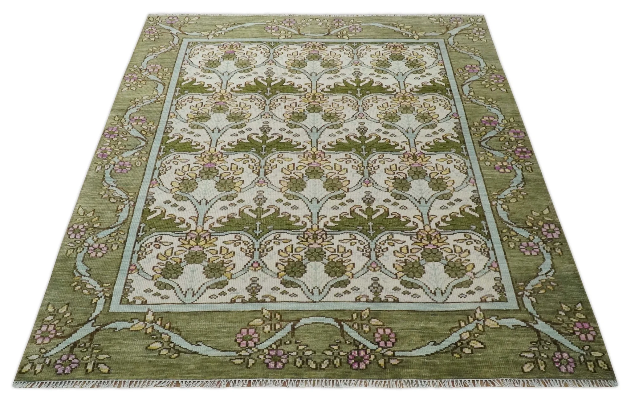 Custom Made Hand Knotted Ivory and Green Floral Traditional Antique Style Wool Area Rug - Image 9