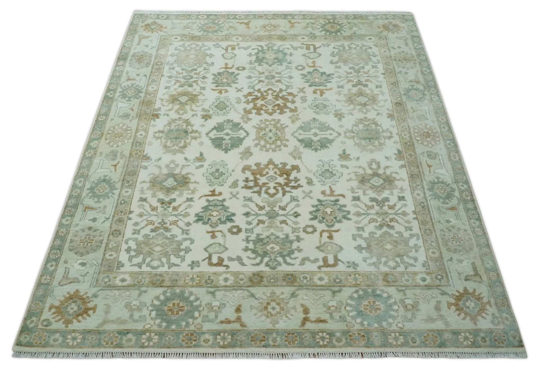 Hand Knotted Ivory and Silver 8x10 Traditional Oushak Wool Area Rug - Image 10