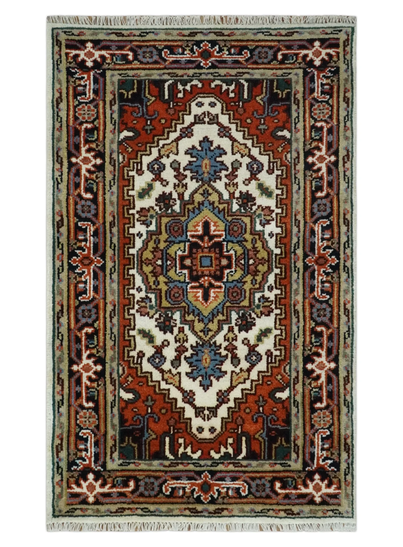 Hand Knotted Ivory, Brown and Blue Traditional Antique Style Wool Area Rug - Image 12