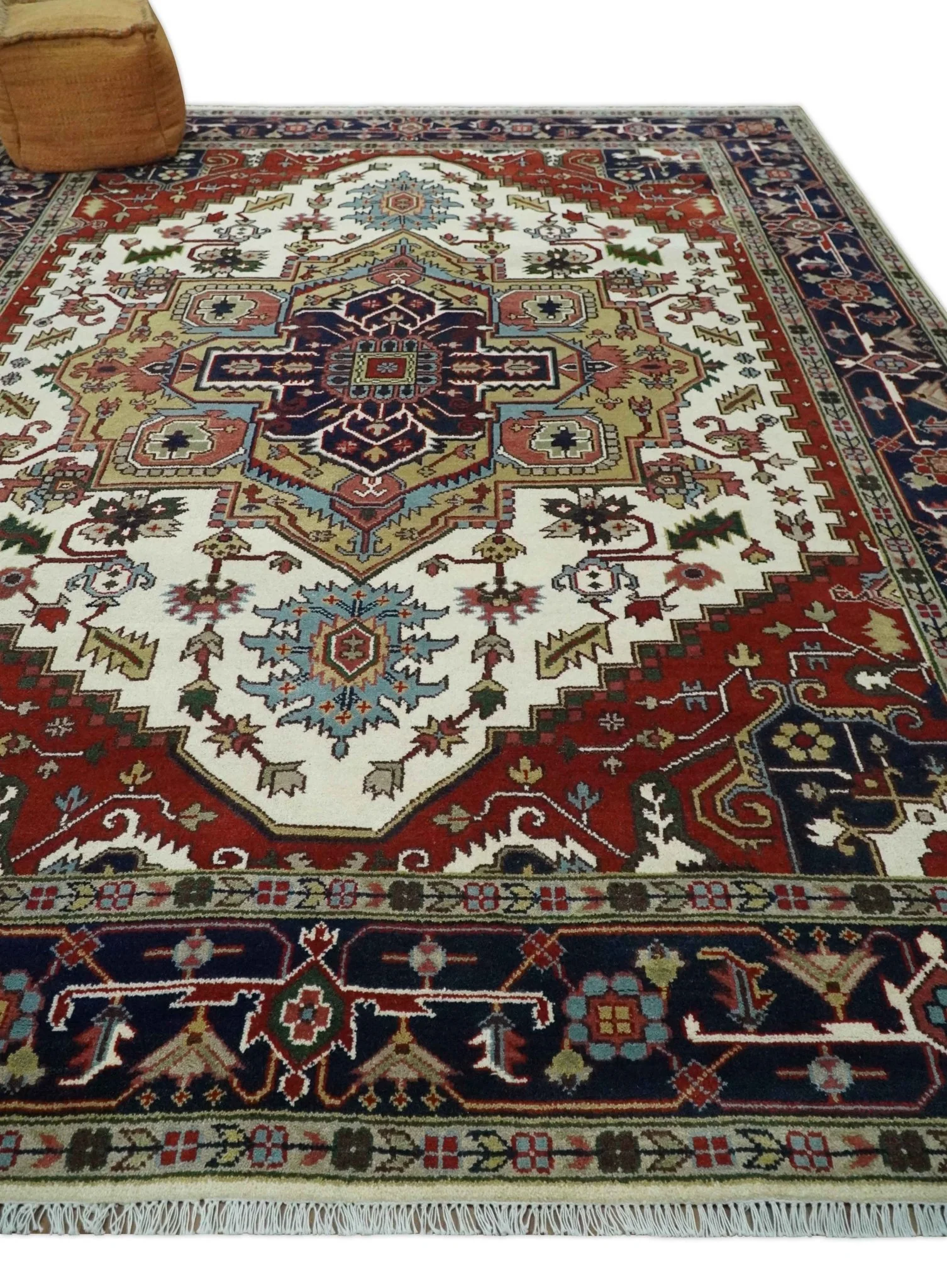 Hand Knotted Ivory, Brown and Blue Traditional Antique Style Wool Area Rug - Image 3