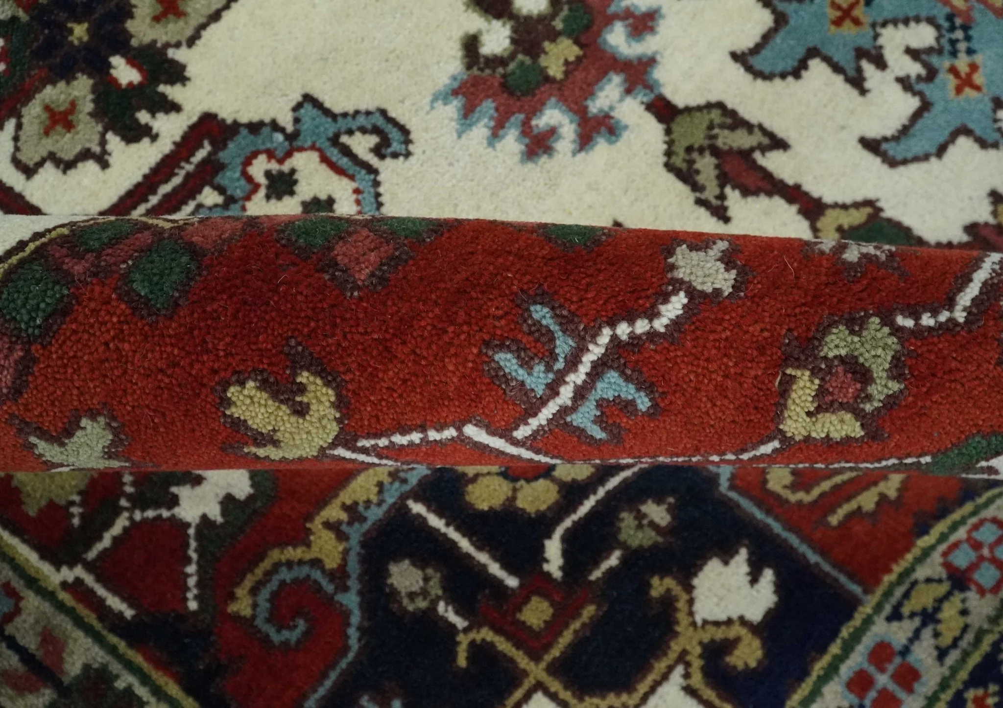 Hand Knotted Ivory, Brown and Blue Traditional Antique Style Wool Area Rug - Image 6