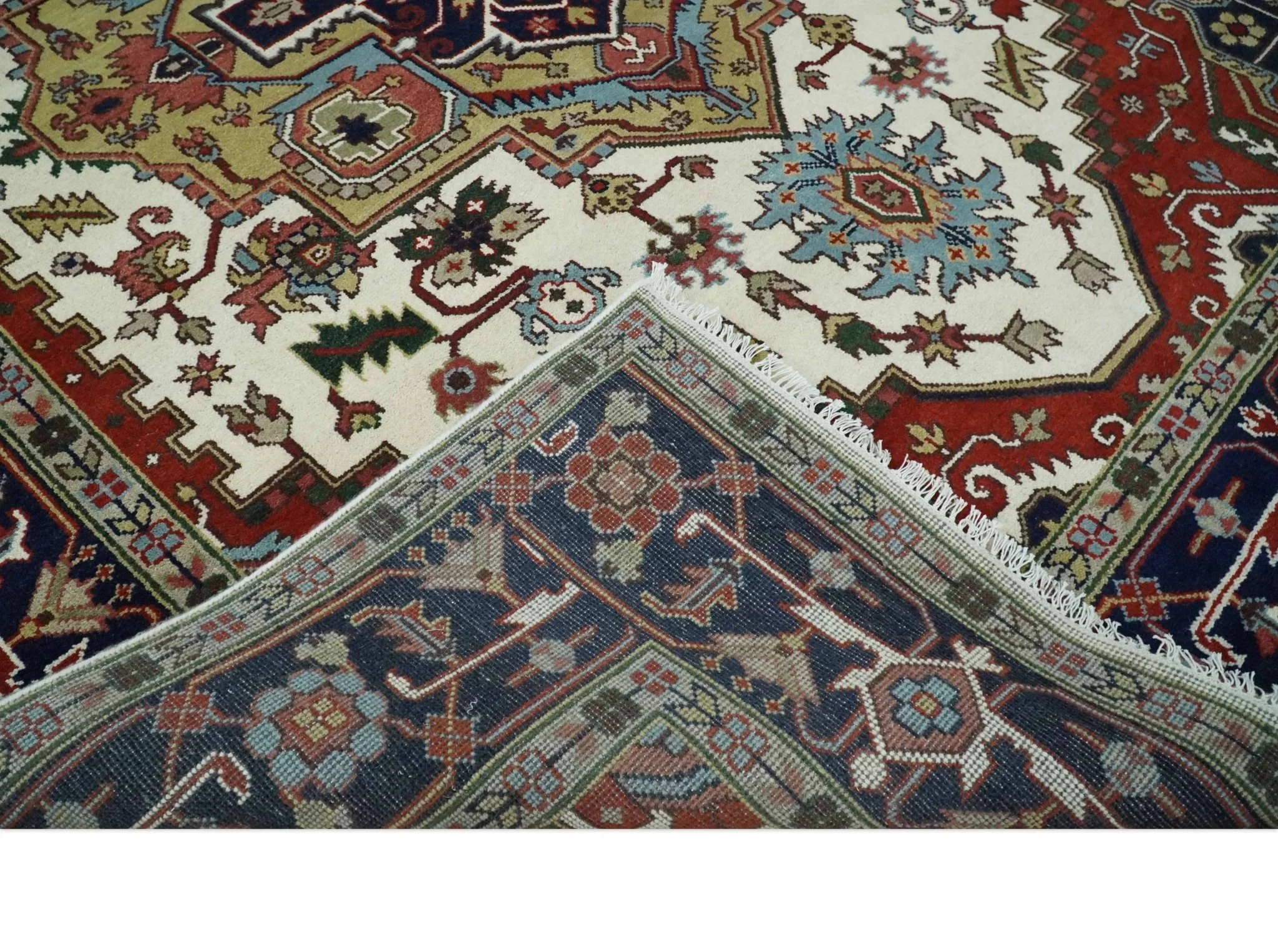 Hand Knotted Ivory, Brown and Blue Traditional Antique Style Wool Area Rug - Image 8
