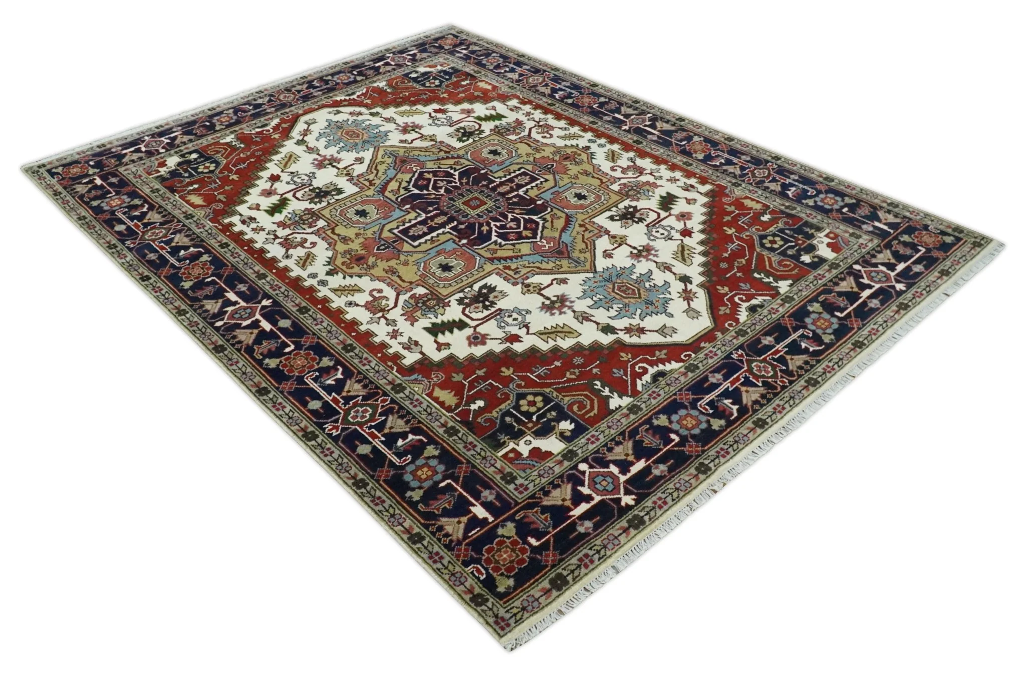 Hand Knotted Ivory, Brown and Blue Traditional Antique Style Wool Area Rug - Image 9