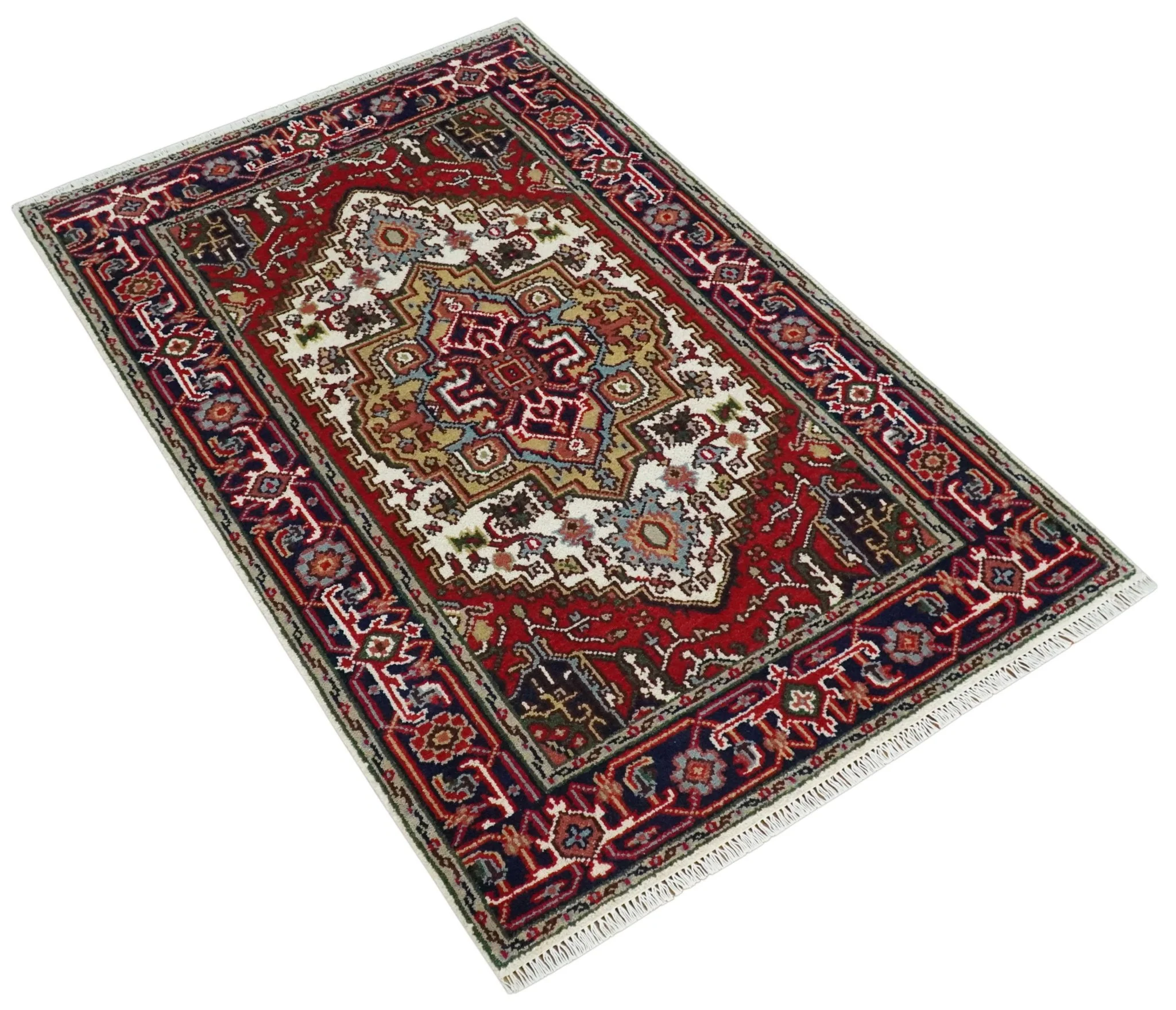Hand Knotted Ivory, Brown and Blue 4x6 Traditional Antique Style Wool Area Rug - Image 7