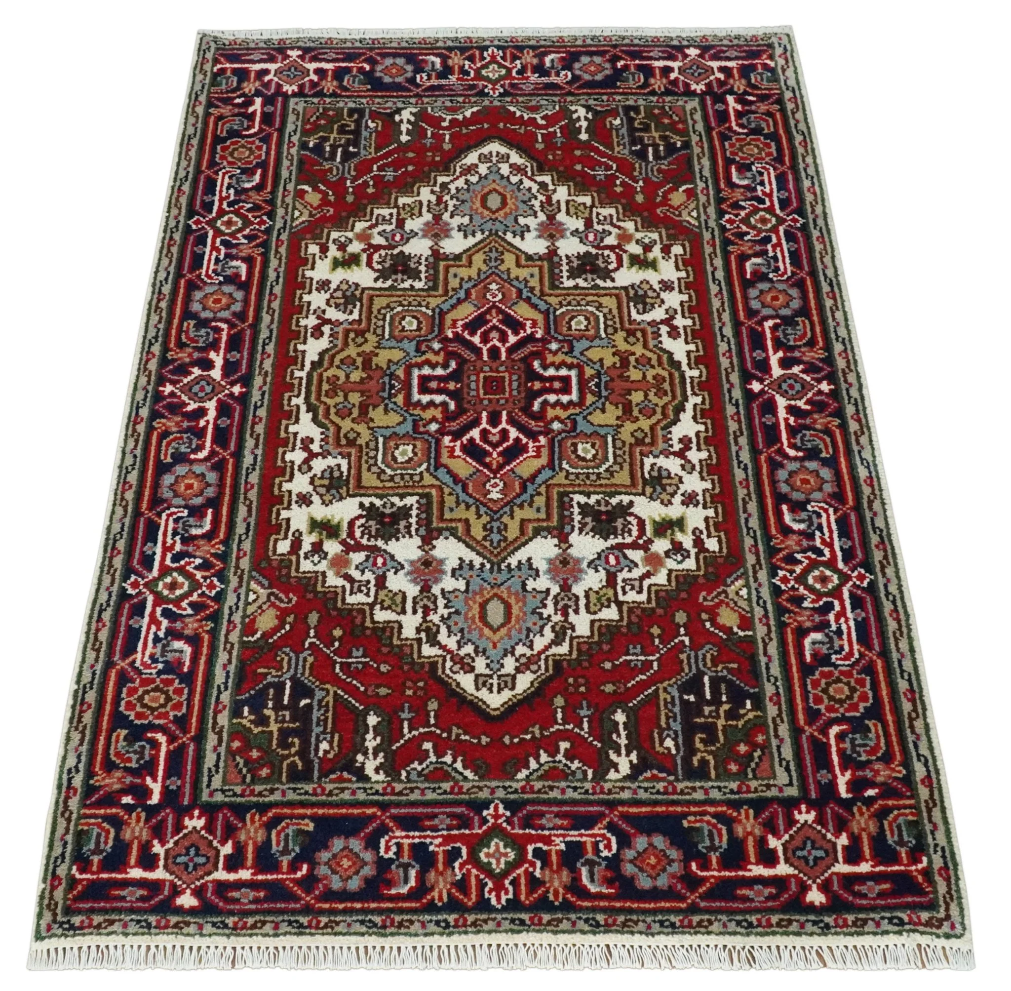 Hand Knotted Ivory, Brown and Blue 4x6 Traditional Antique Style Wool Area Rug - Image 8