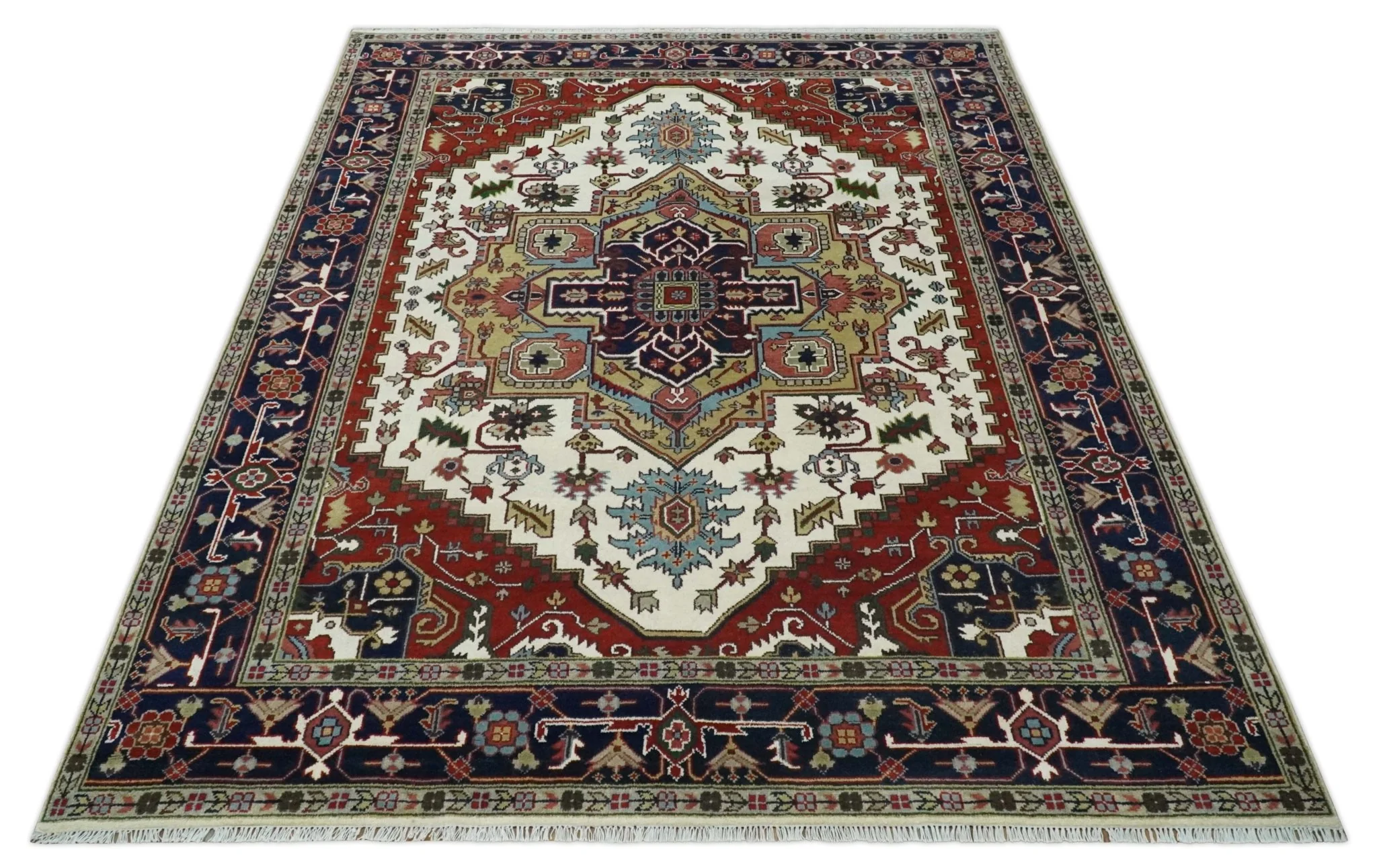 Hand Knotted Ivory, Brown and Blue 9x12 Traditional Antique Syle Wool Area Rug - Image 10