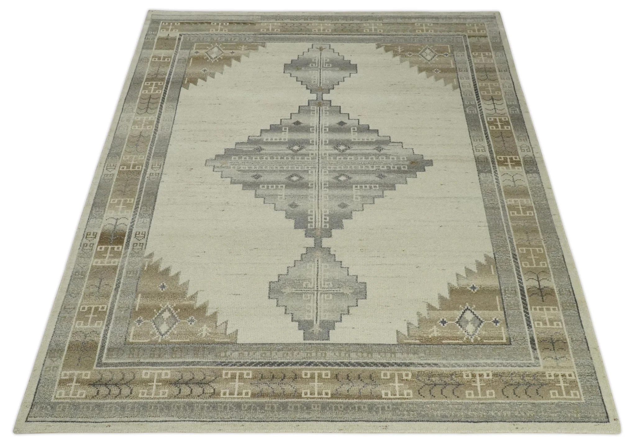 Custom Made Earthy Hand Knotted Ivory, Charcoal and Beige Wool Area Rug - Image 10