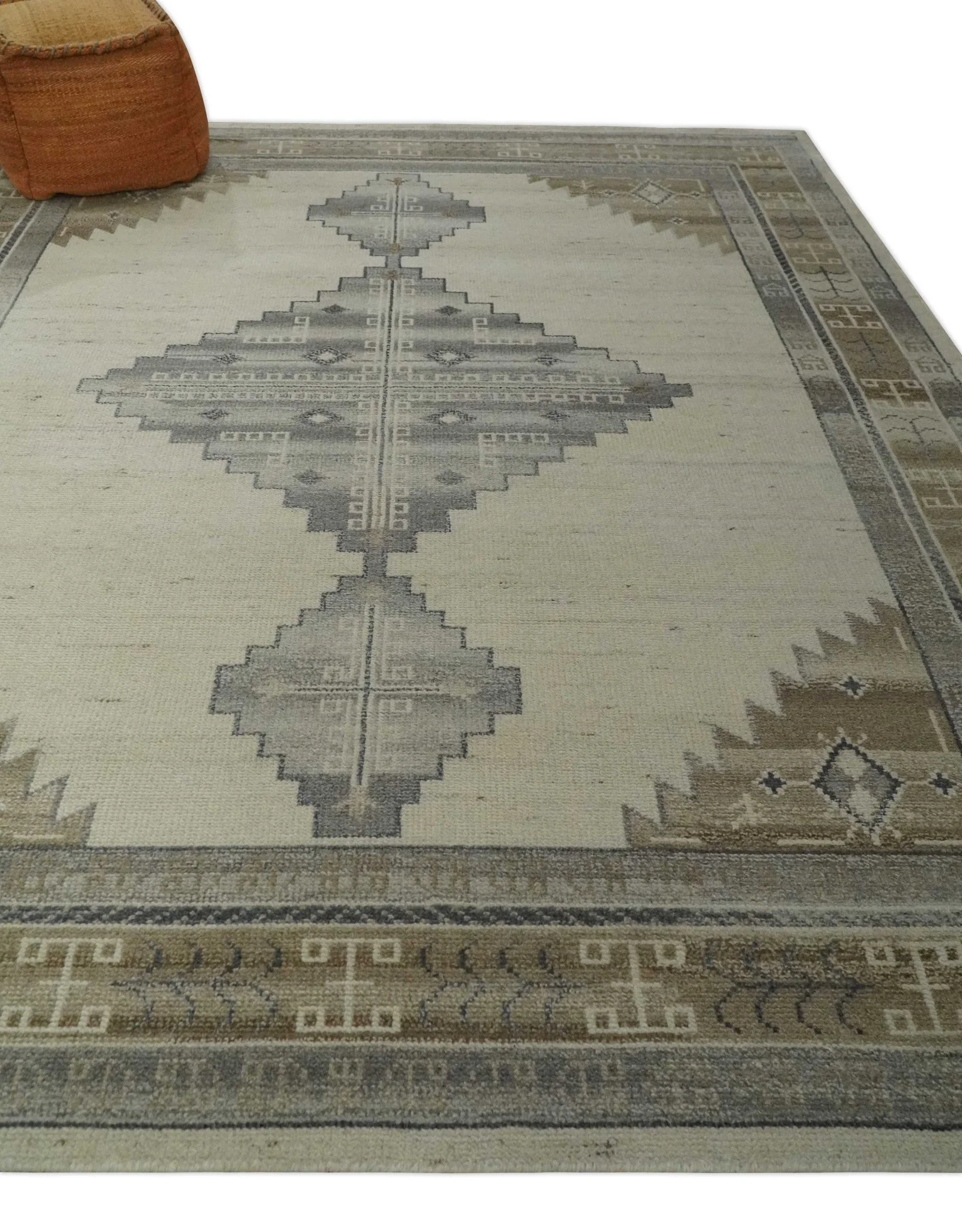 Custom Made Earthy Hand Knotted Ivory, Charcoal and Beige Wool Area Rug - Image 3