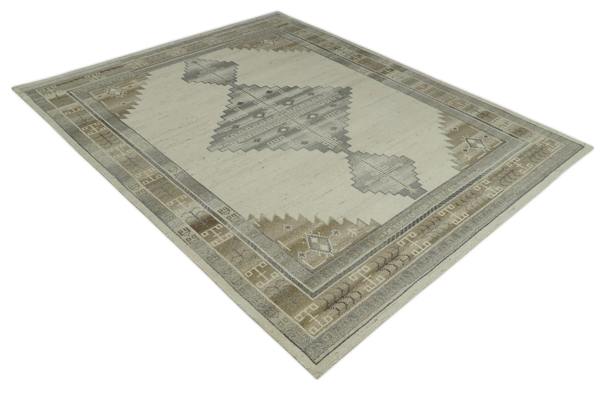 Custom Made Earthy Hand Knotted Ivory, Charcoal and Beige Wool Area Rug - Image 9