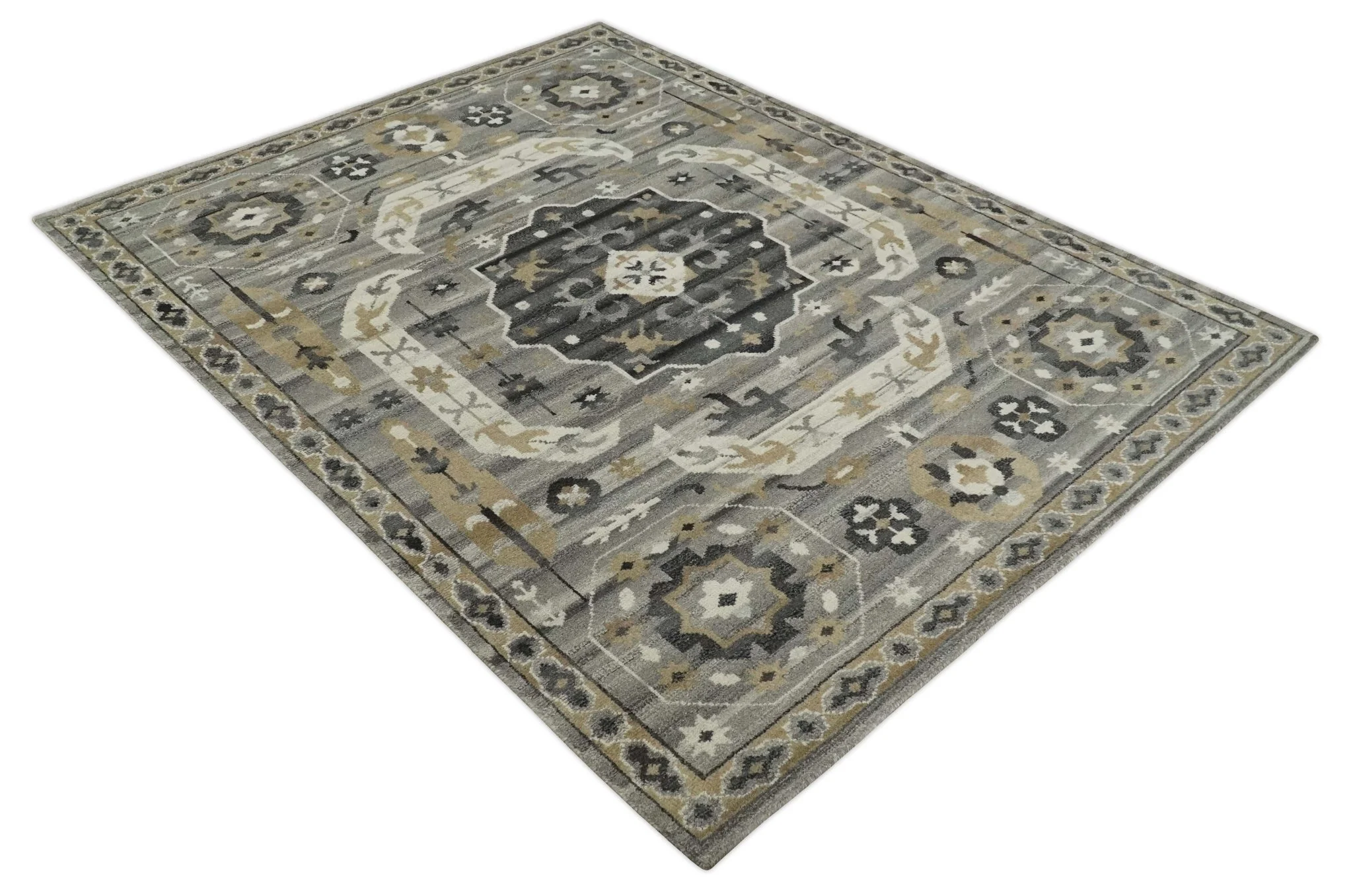 Hand Knotted Charcoal, Ivory and Beige Traditional Medallion Natural Wool Multi Size Area Rug, Kids, Living Room and Bedroom Rug - Image 10