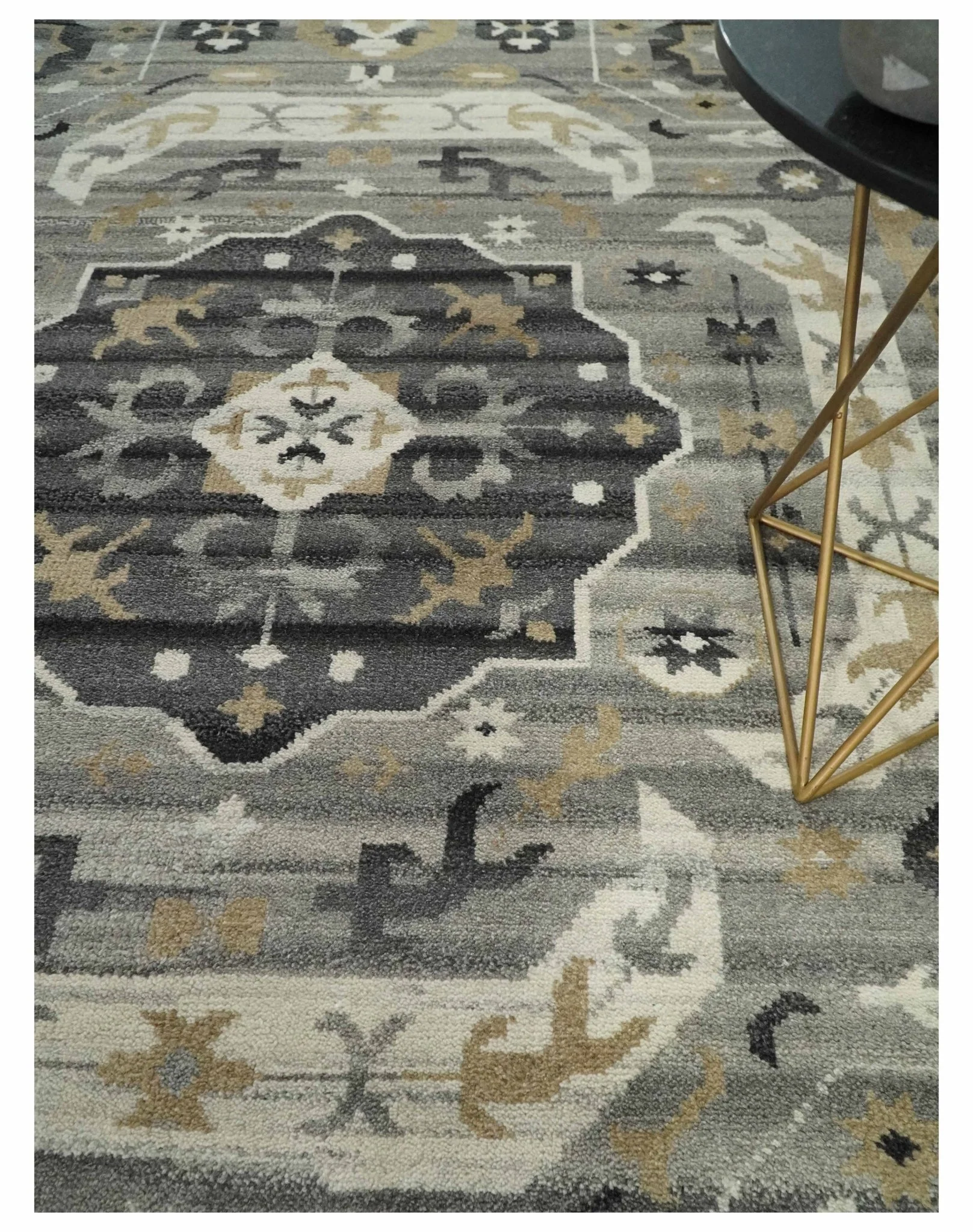 Hand Knotted Charcoal, Ivory and Beige Traditional Medallion Natural Wool Multi Size Area Rug, Kids, Living Room and Bedroom Rug - Image 2
