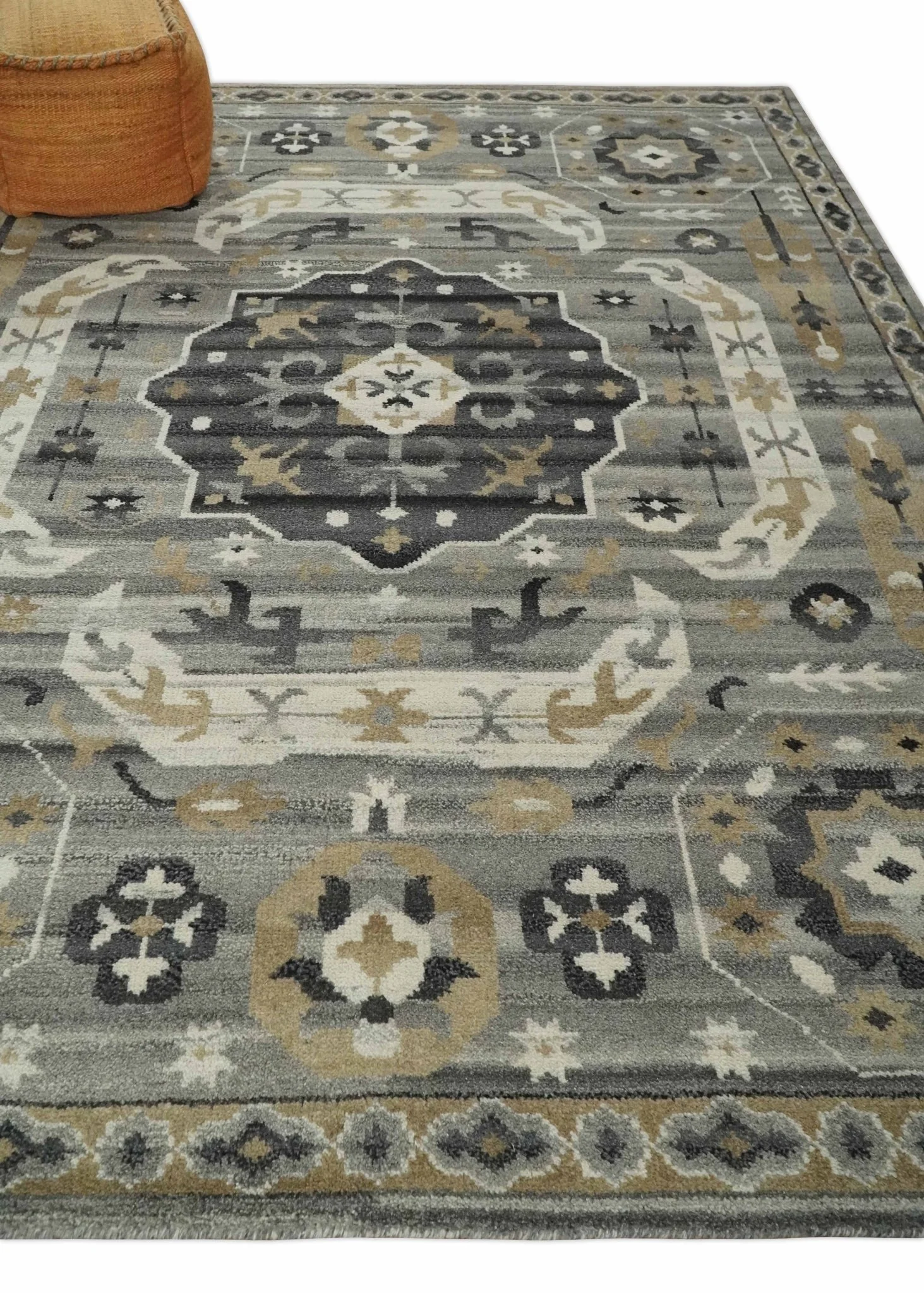 Hand Knotted Charcoal, Ivory and Beige Traditional Medallion Natural Wool Multi Size Area Rug, Kids, Living Room and Bedroom Rug - Image 3