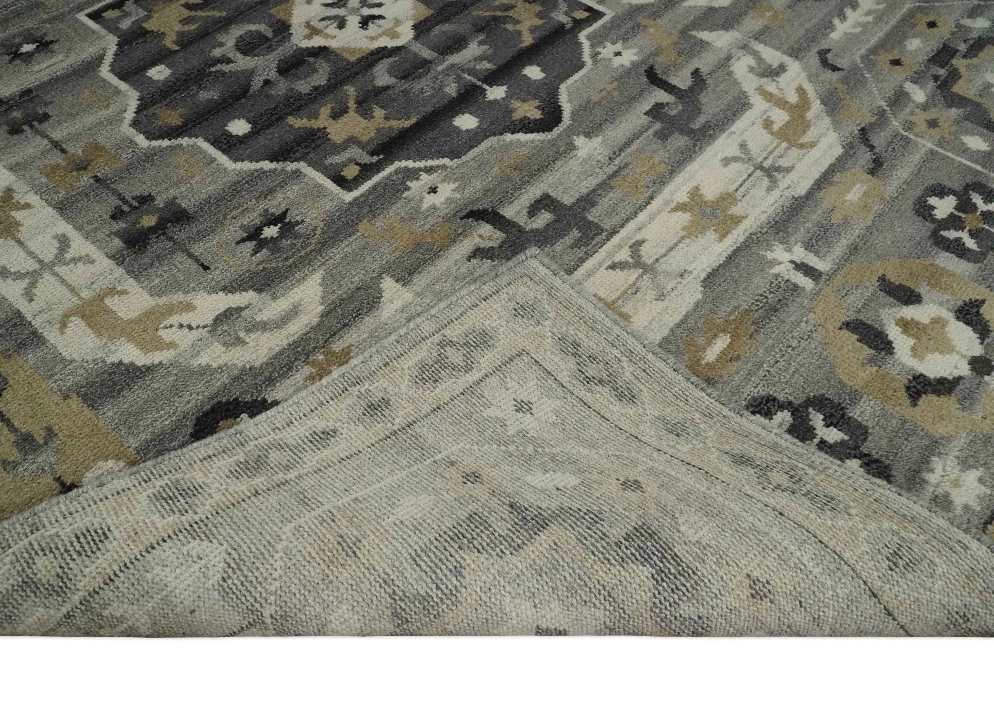 Hand Knotted Charcoal, Ivory and Beige Traditional Medallion Natural Wool Multi Size Area Rug, Kids, Living Room and Bedroom Rug - Image 7