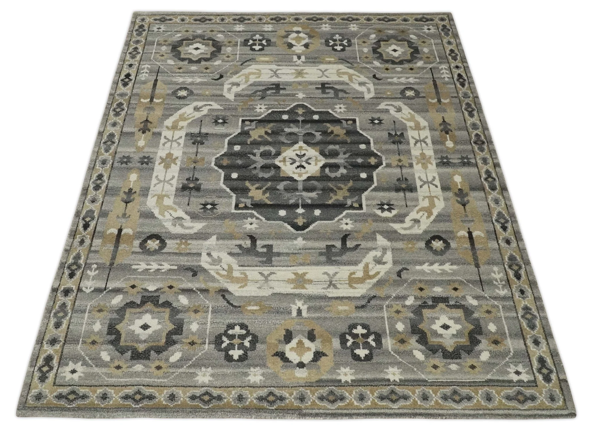 Hand Knotted Charcoal, Ivory and Beige Traditional Medallion Natural Wool Multi Size Area Rug, Kids, Living Room and Bedroom Rug - Image 9