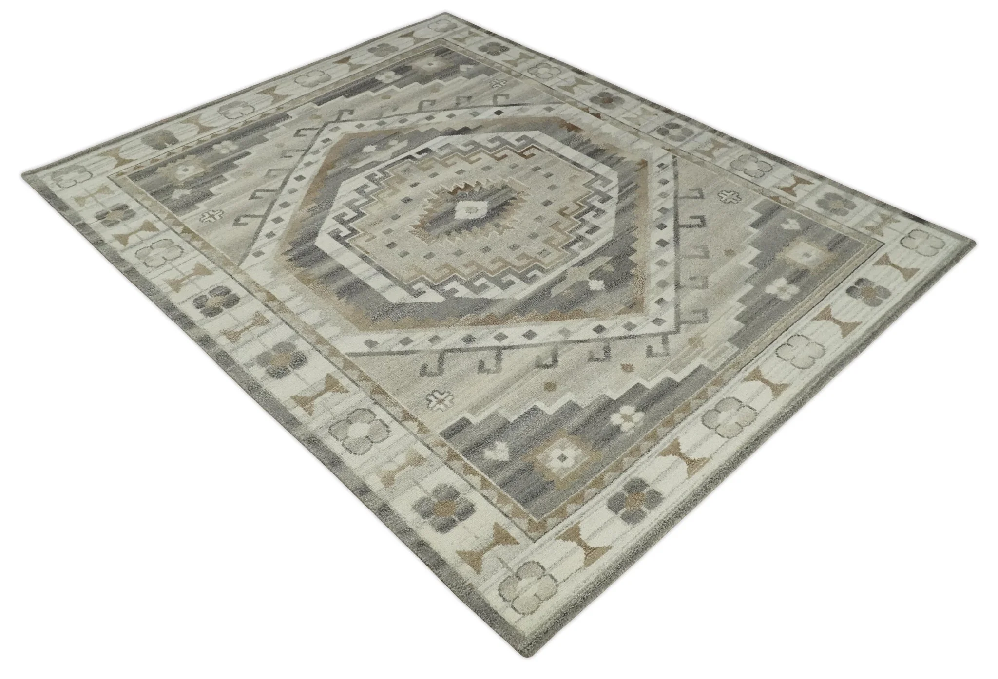 Hand Knotted Ivory, Charcoal and Beige Traditional Medallion Natural Wool Custom Made Area Rug, Kids, Living Room and Bedroom Rug - Image 10
