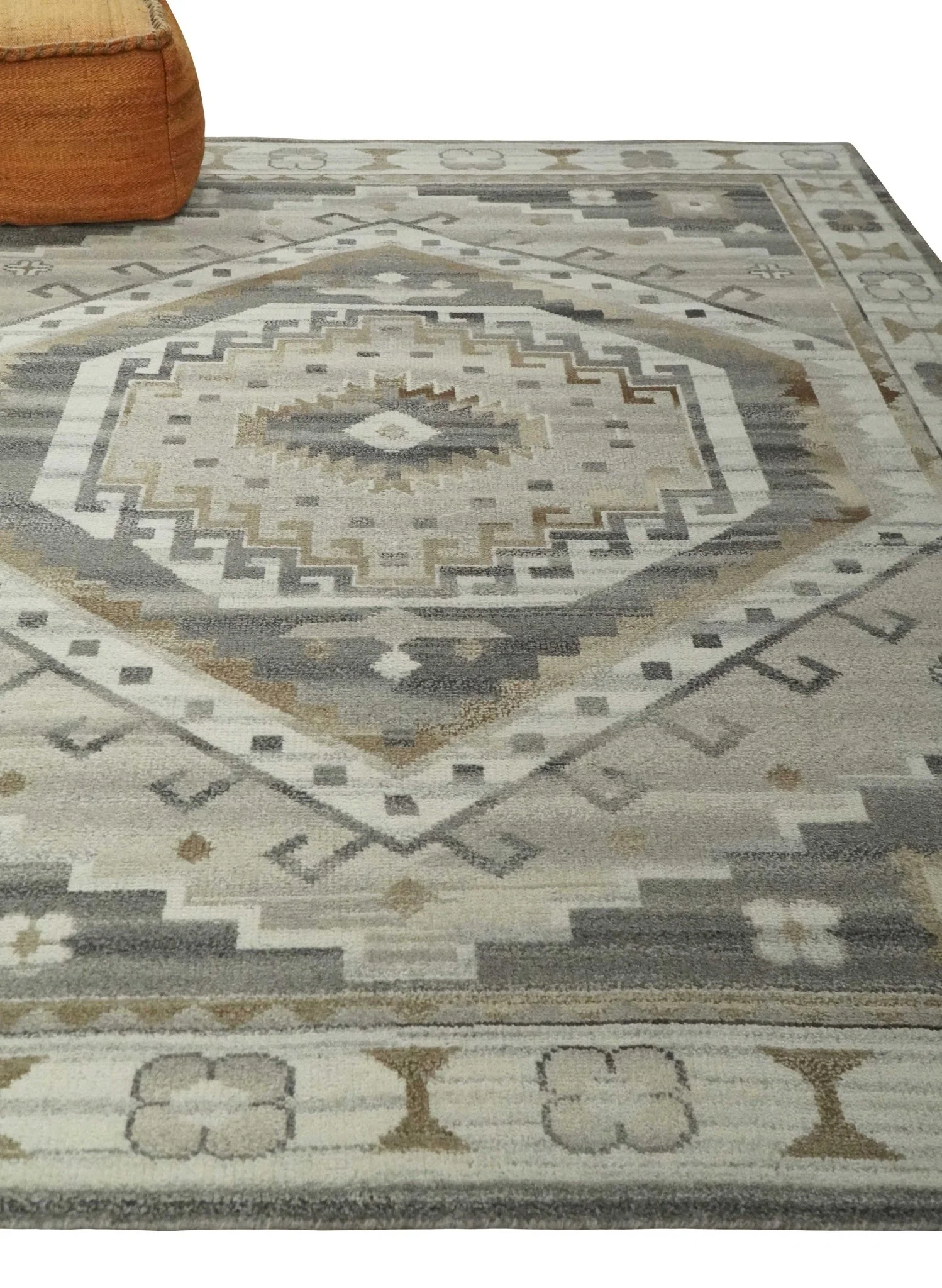 Hand Knotted Ivory, Charcoal and Beige Traditional Medallion Natural Wool Custom Made Area Rug, Kids, Living Room and Bedroom Rug - Image 3