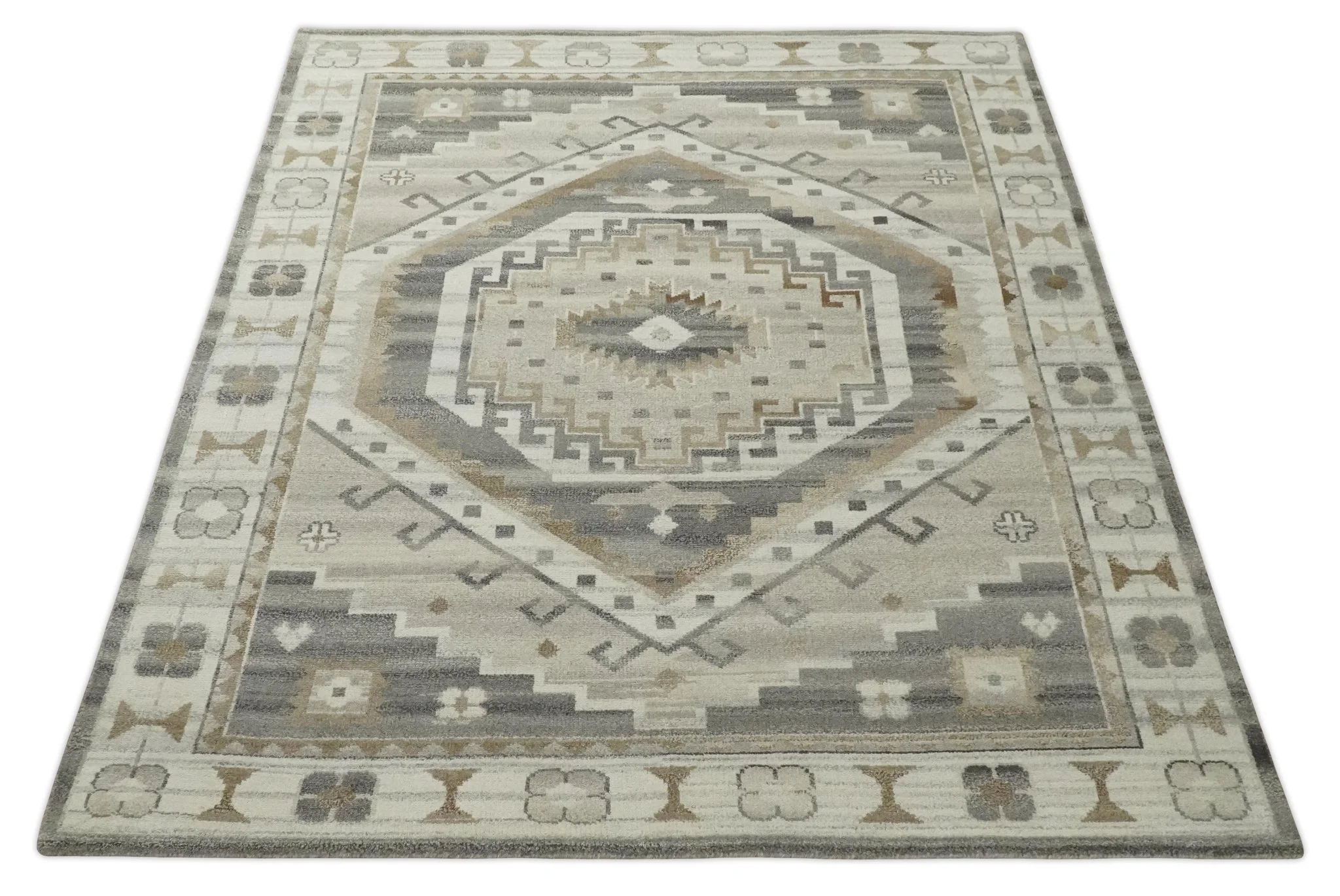 Hand Knotted Ivory, Charcoal and Beige Traditional Medallion Natural Wool Custom Made Area Rug, Kids, Living Room and Bedroom Rug - Image 9