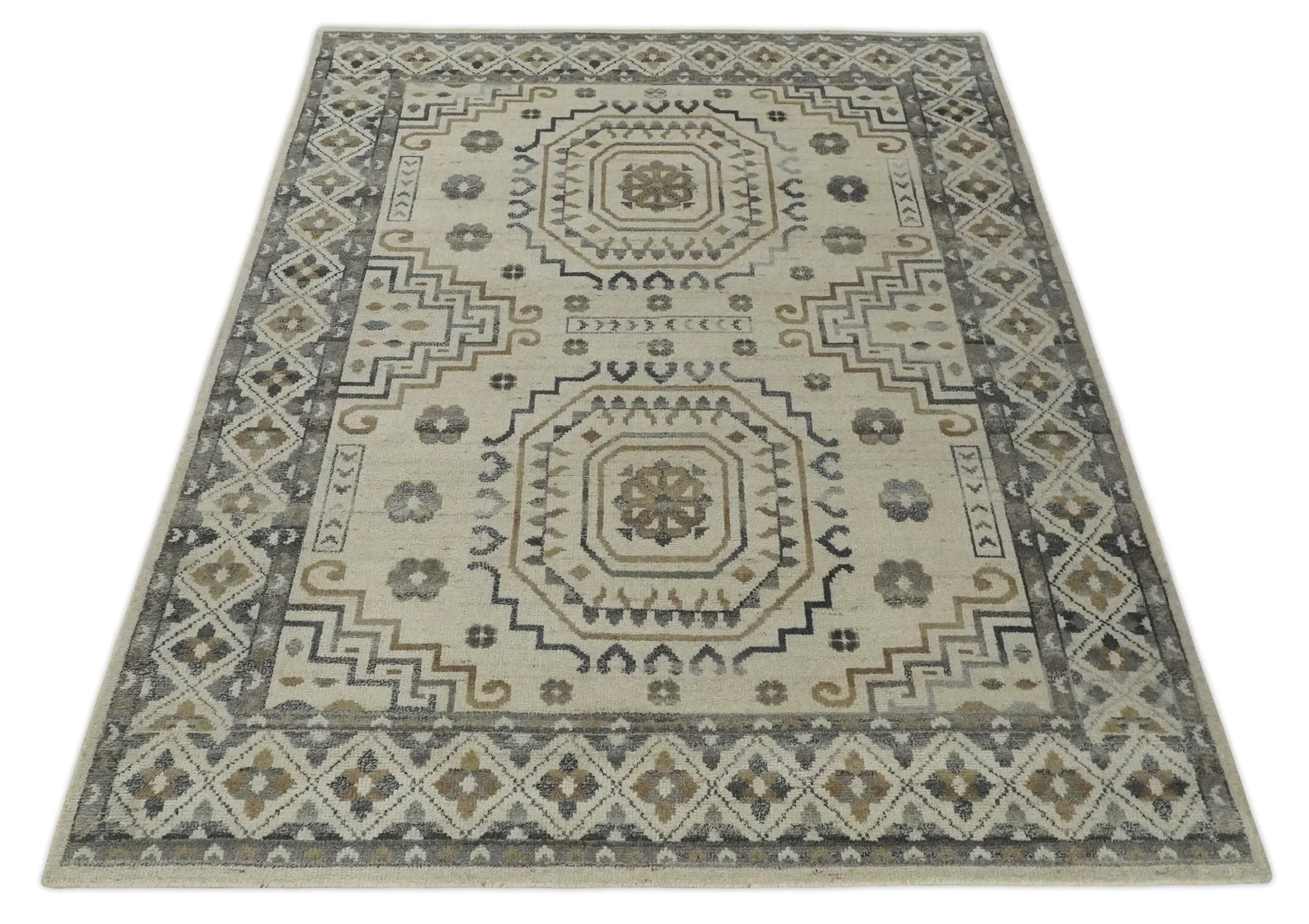 Hand Knotted Ivory, Gray and Beige Traditional Medallion Natural Wool Custom Made Area Rug, Kids, Living Room and Bedroom Rug - Image 10