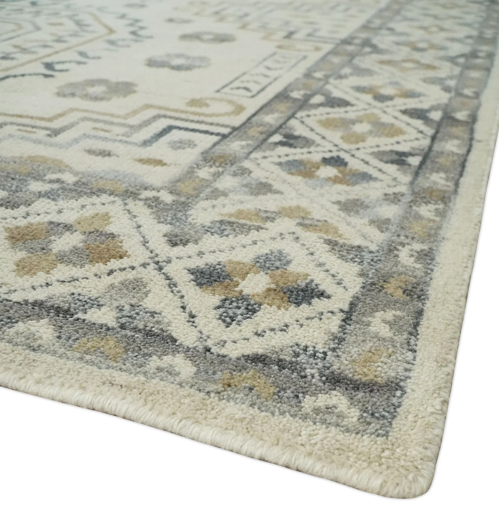 Hand Knotted Ivory, Gray and Beige Traditional Medallion Natural Wool Custom Made Area Rug, Kids, Living Room and Bedroom Rug - Image 5