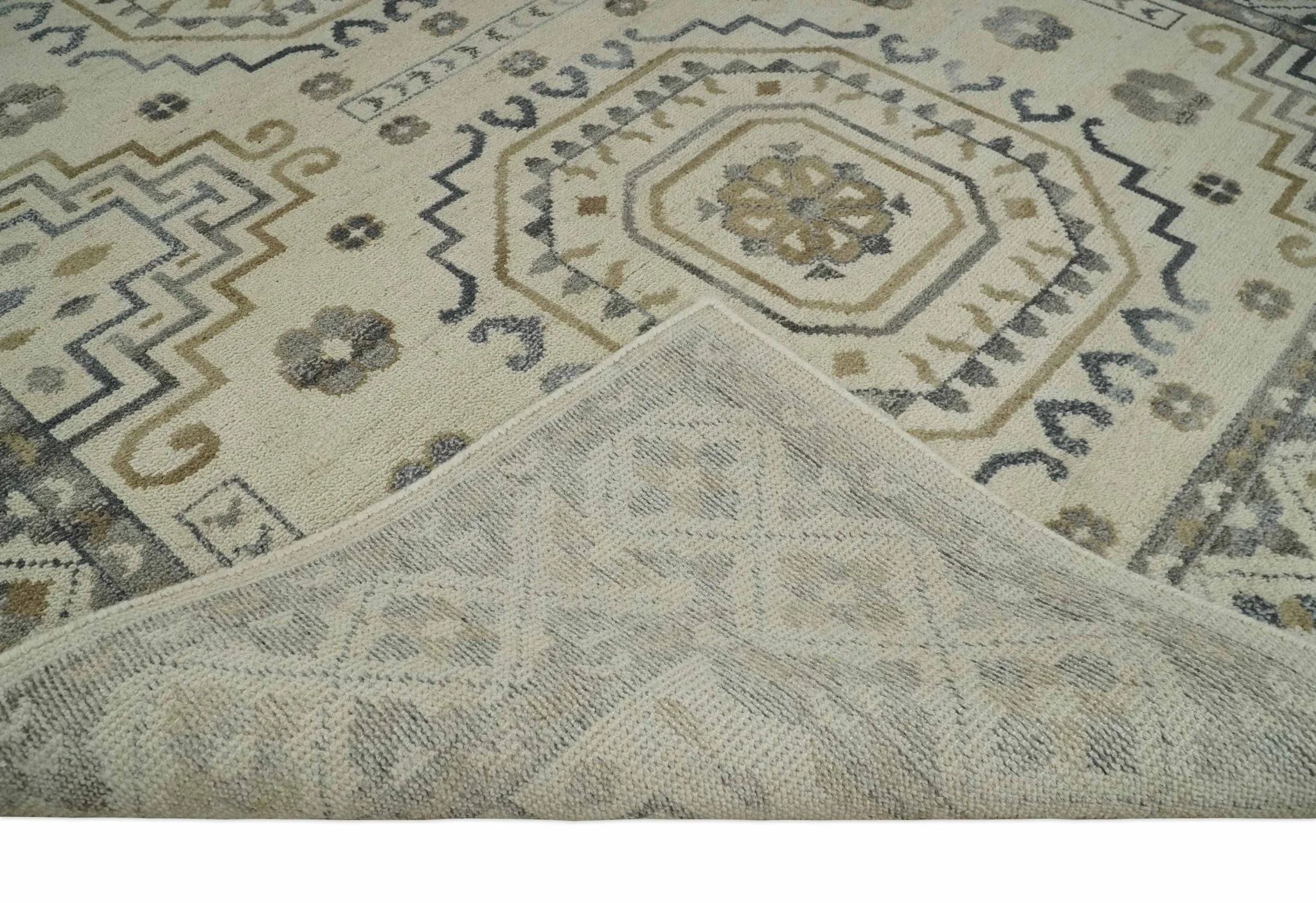 Hand Knotted Ivory, Gray and Beige Traditional Medallion Natural Wool Custom Made Area Rug, Kids, Living Room and Bedroom Rug - Image 7