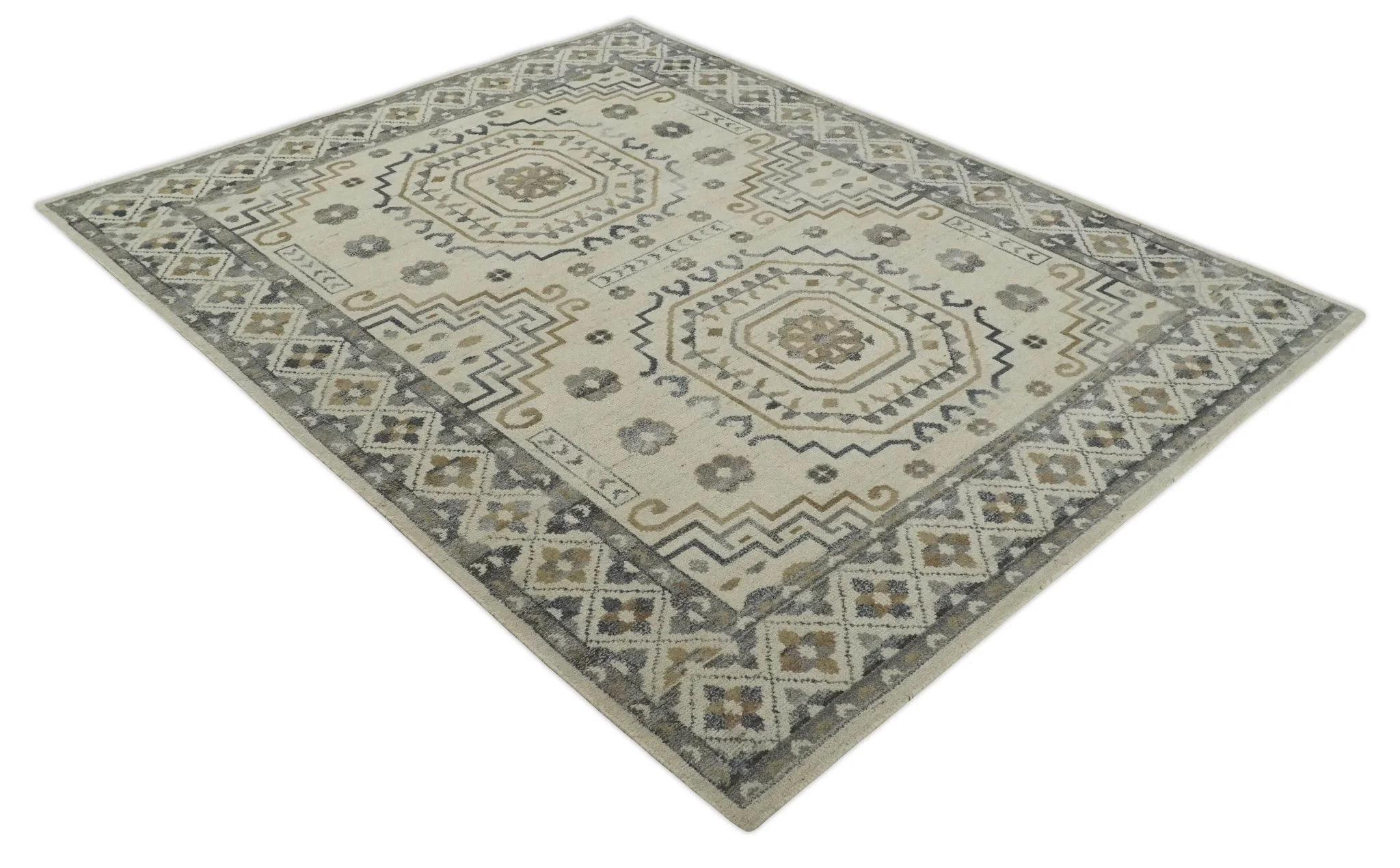 Hand Knotted Ivory, Gray and Beige Traditional Medallion Natural Wool Custom Made Area Rug, Kids, Living Room and Bedroom Rug - Image 9