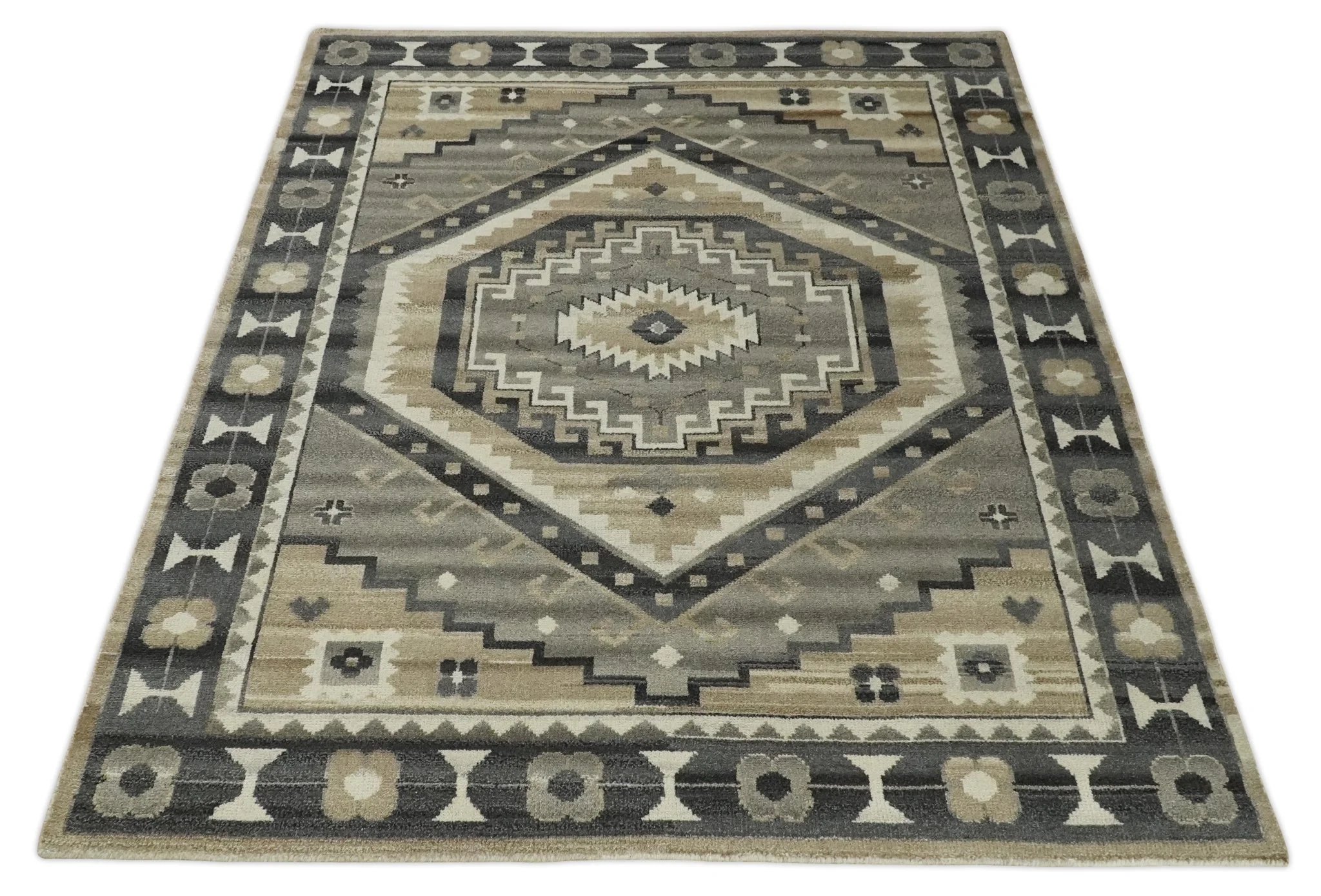 Hand Knotted Ivory, Charcoal and Beige Traditional Medallion Natural Wool Multi Size Area Rug, Kids, Living Room and Bedroom Rug - Image 10