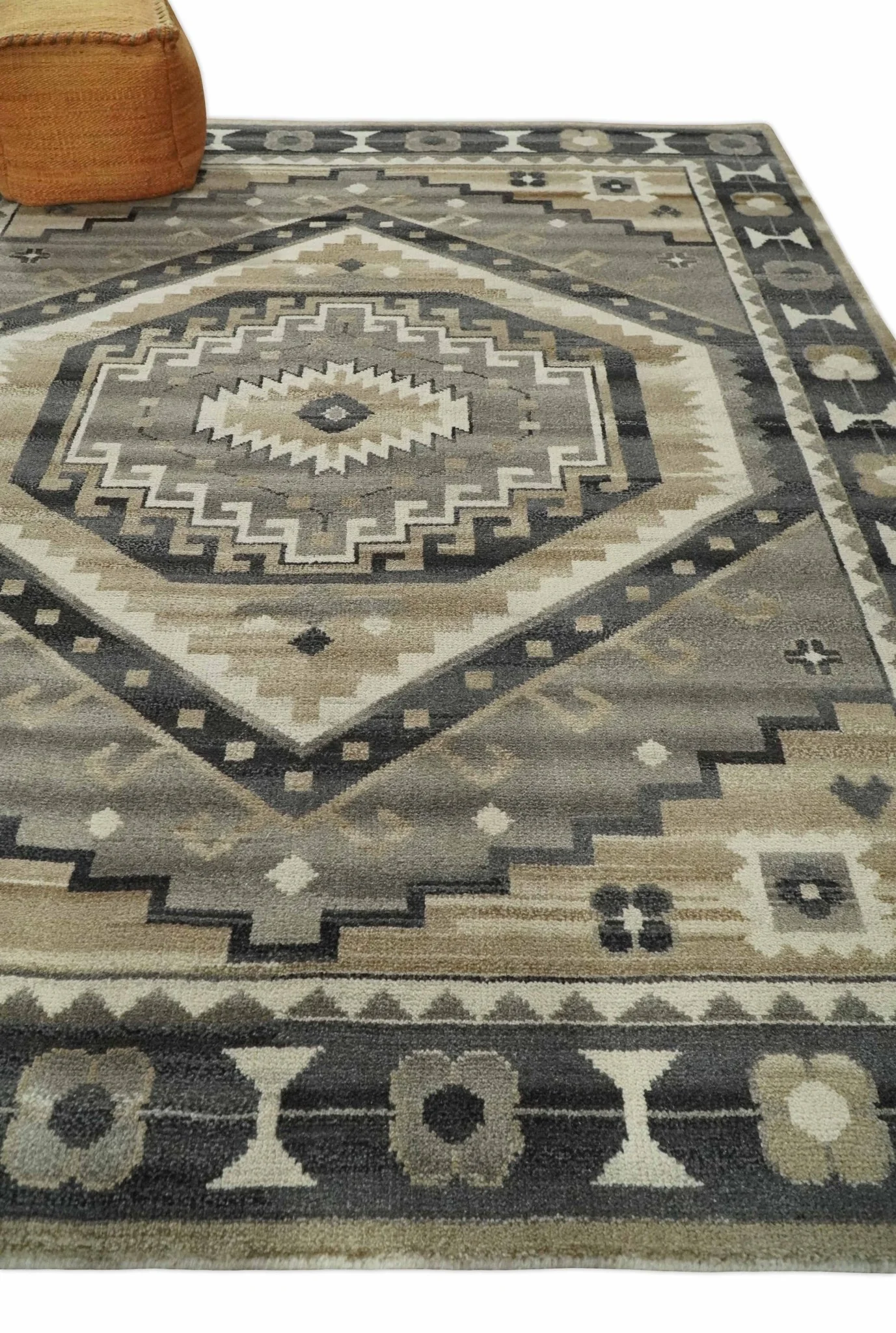 Hand Knotted Ivory, Charcoal and Beige Traditional Medallion Natural Wool Multi Size Area Rug, Kids, Living Room and Bedroom Rug - Image 3