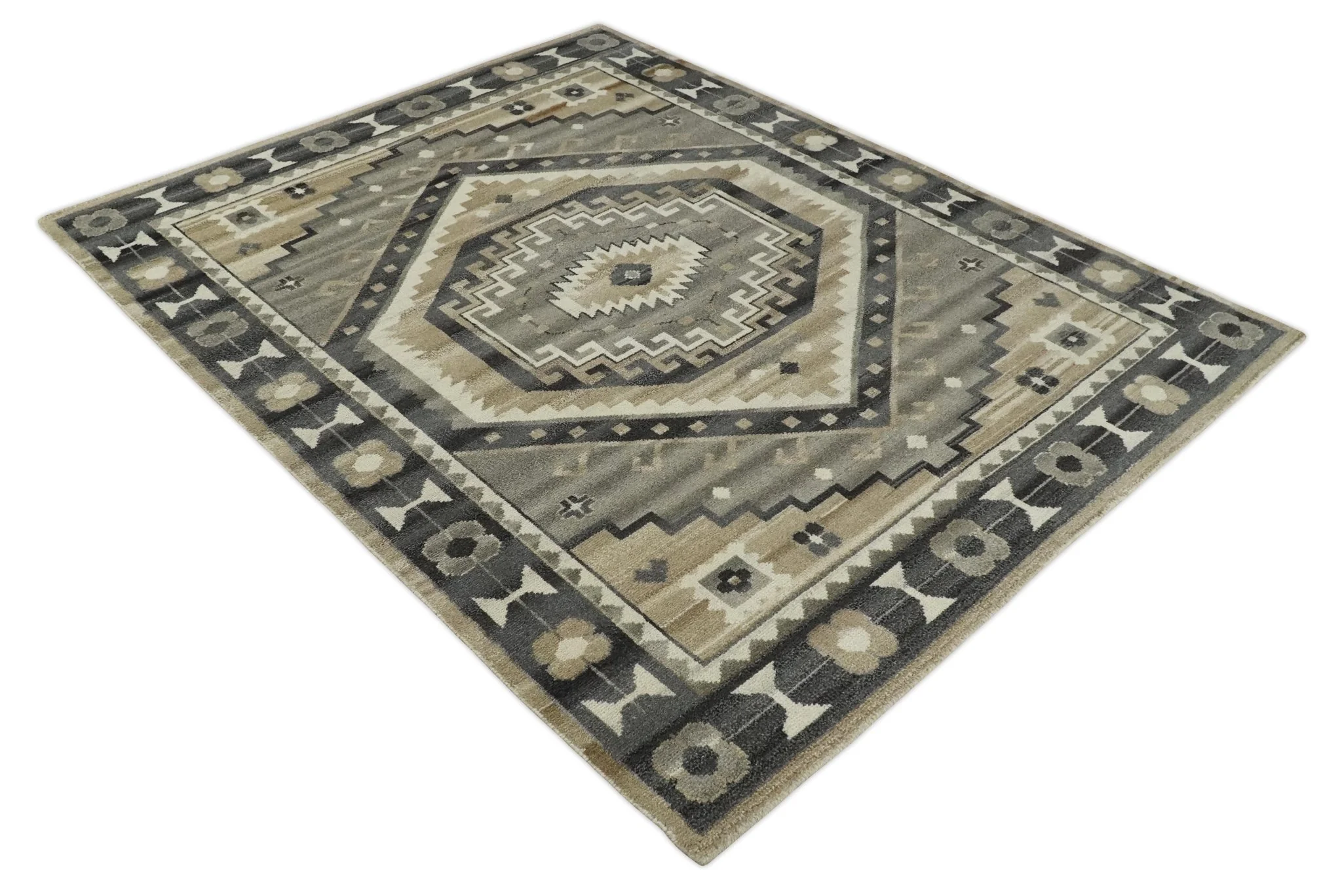 Hand Knotted Ivory, Charcoal and Beige Traditional Medallion Natural Wool Multi Size Area Rug, Kids, Living Room and Bedroom Rug - Image 9