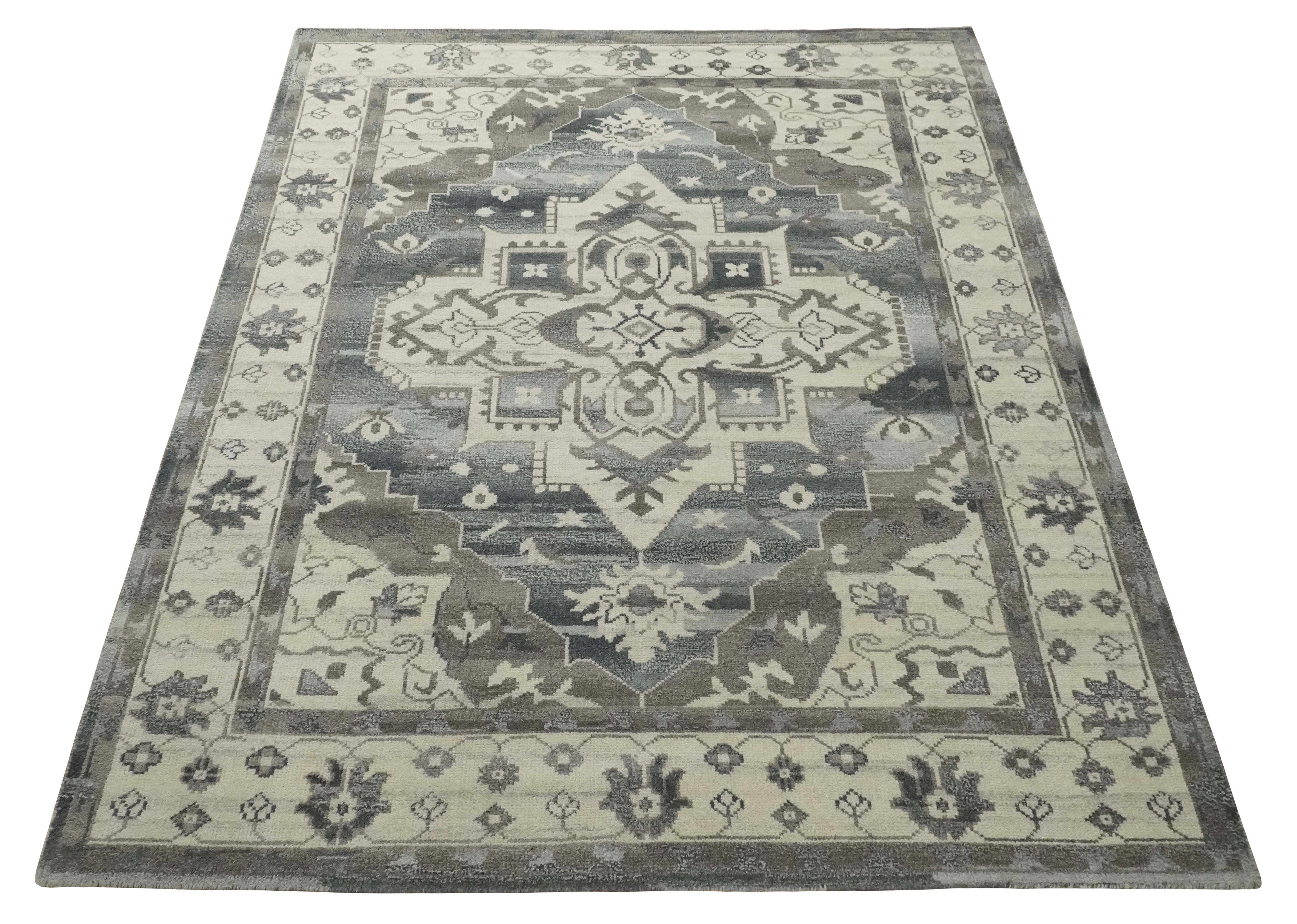 Custom Made Hand Knotted Ivory, Charcoal and Gray Traditional Medallion Natural Wool Area Rug, Kids, Living Room and Bedroom Rug - Image 10