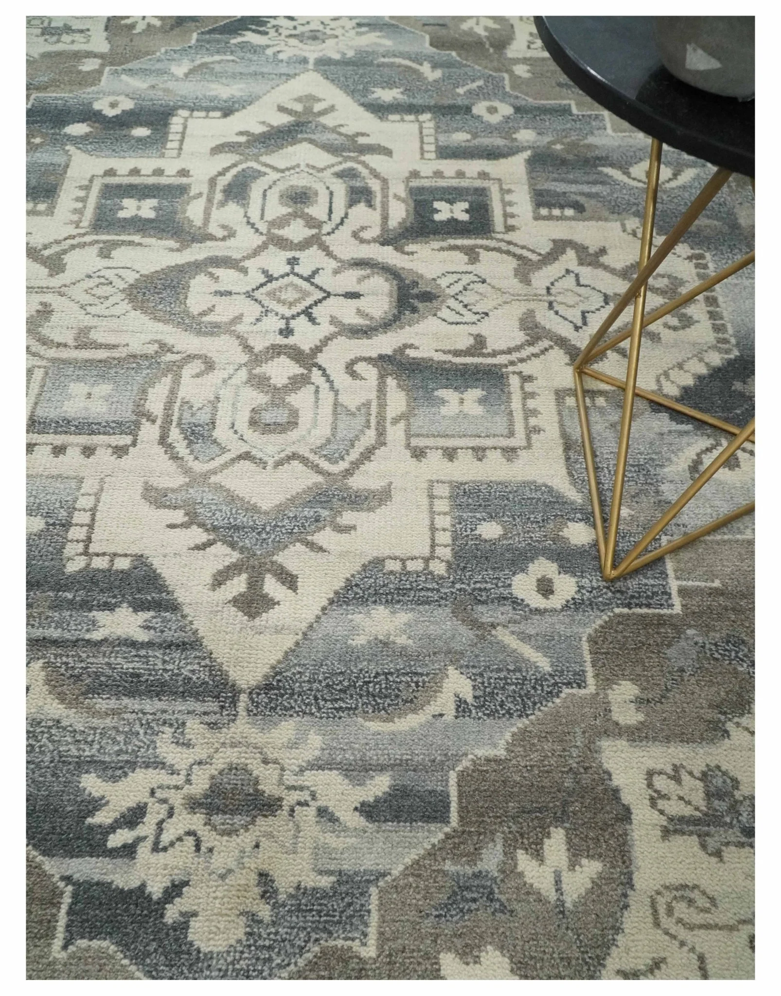 Custom Made Hand Knotted Ivory, Charcoal and Gray Traditional Medallion Natural Wool Area Rug, Kids, Living Room and Bedroom Rug - Image 2