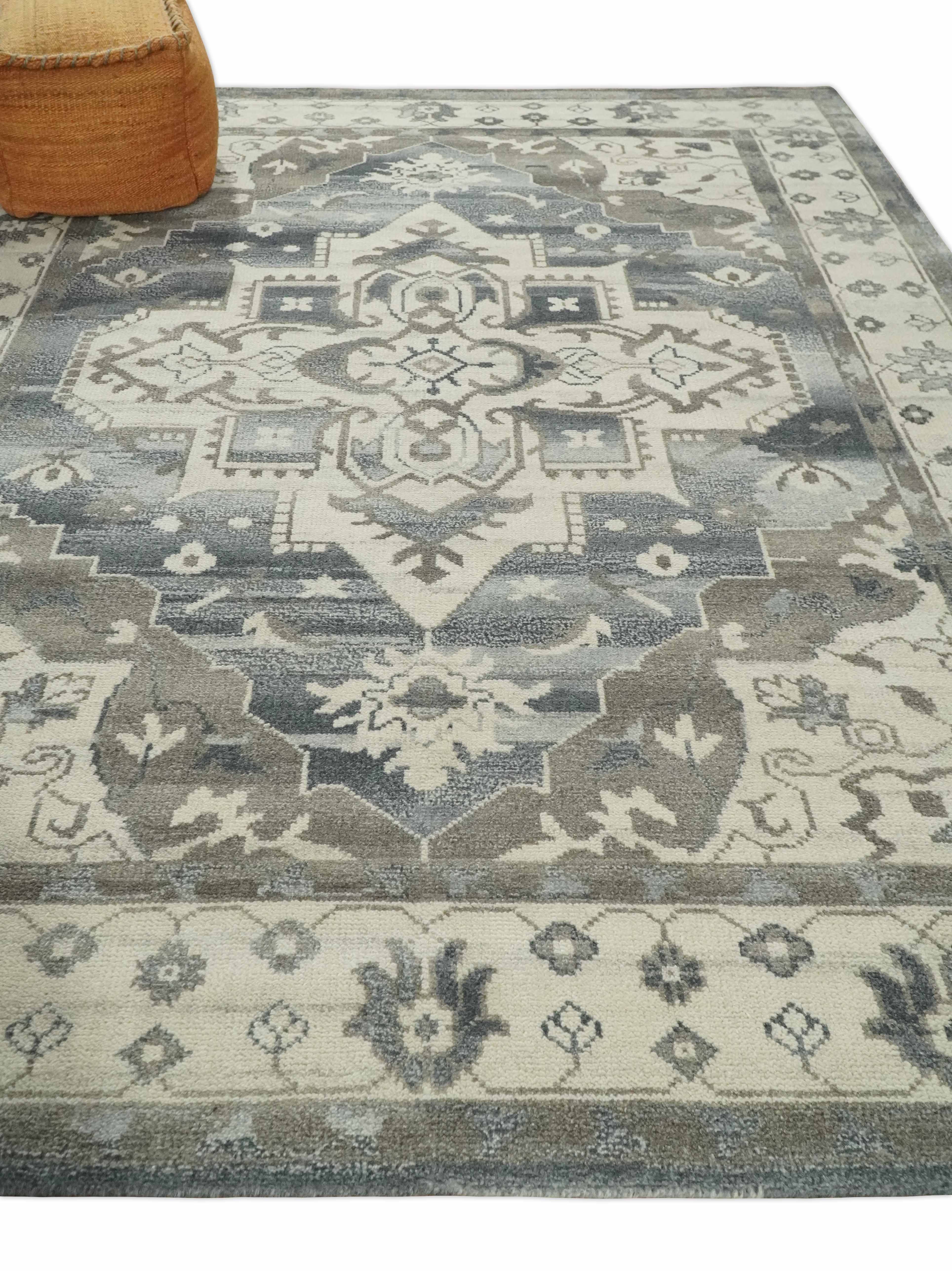 Custom Made Hand Knotted Ivory, Charcoal and Gray Traditional Medallion Natural Wool Area Rug, Kids, Living Room and Bedroom Rug - Image 3