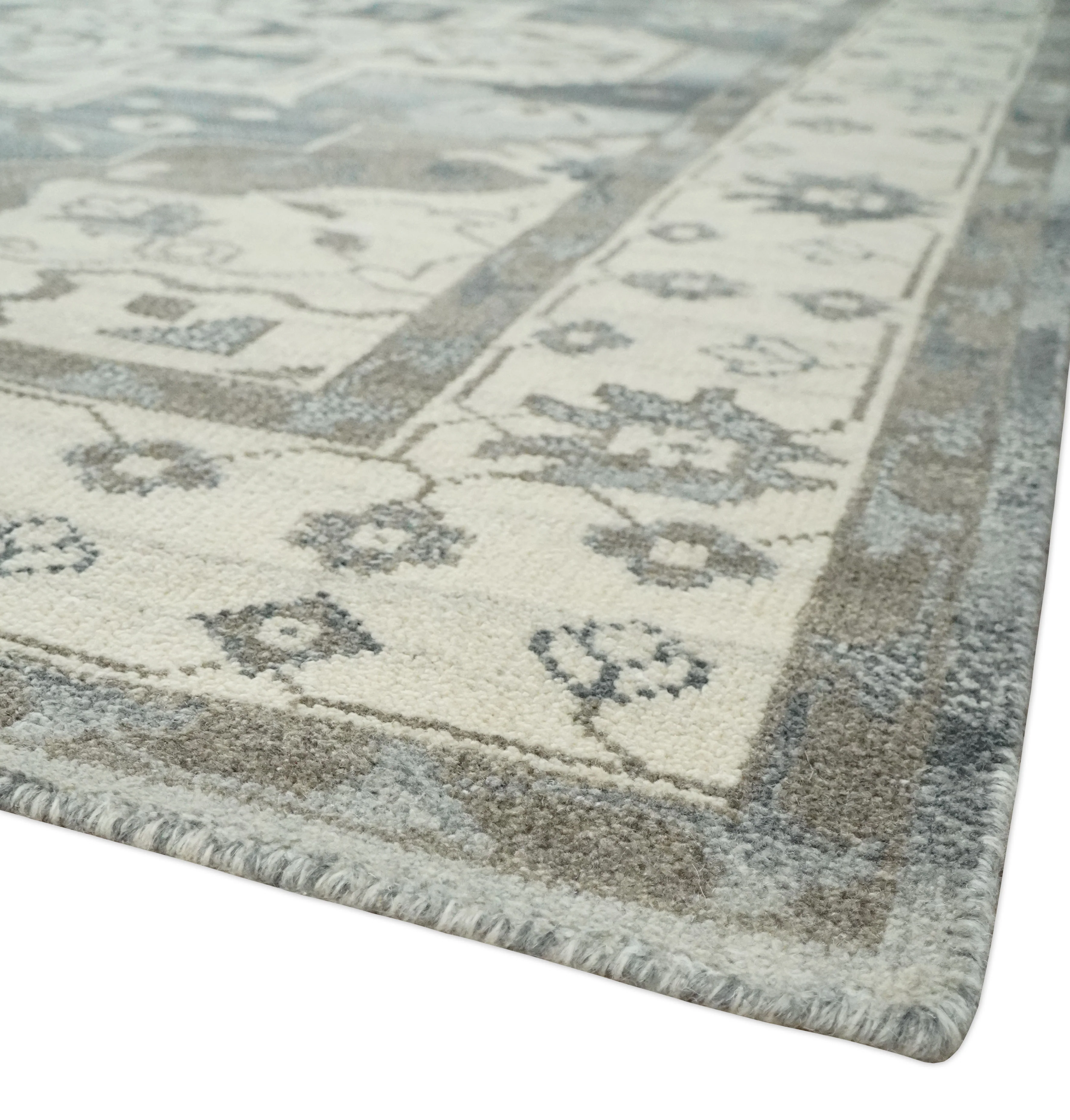 Custom Made Hand Knotted Ivory, Charcoal and Gray Traditional Medallion Natural Wool Area Rug, Kids, Living Room and Bedroom Rug - Image 5