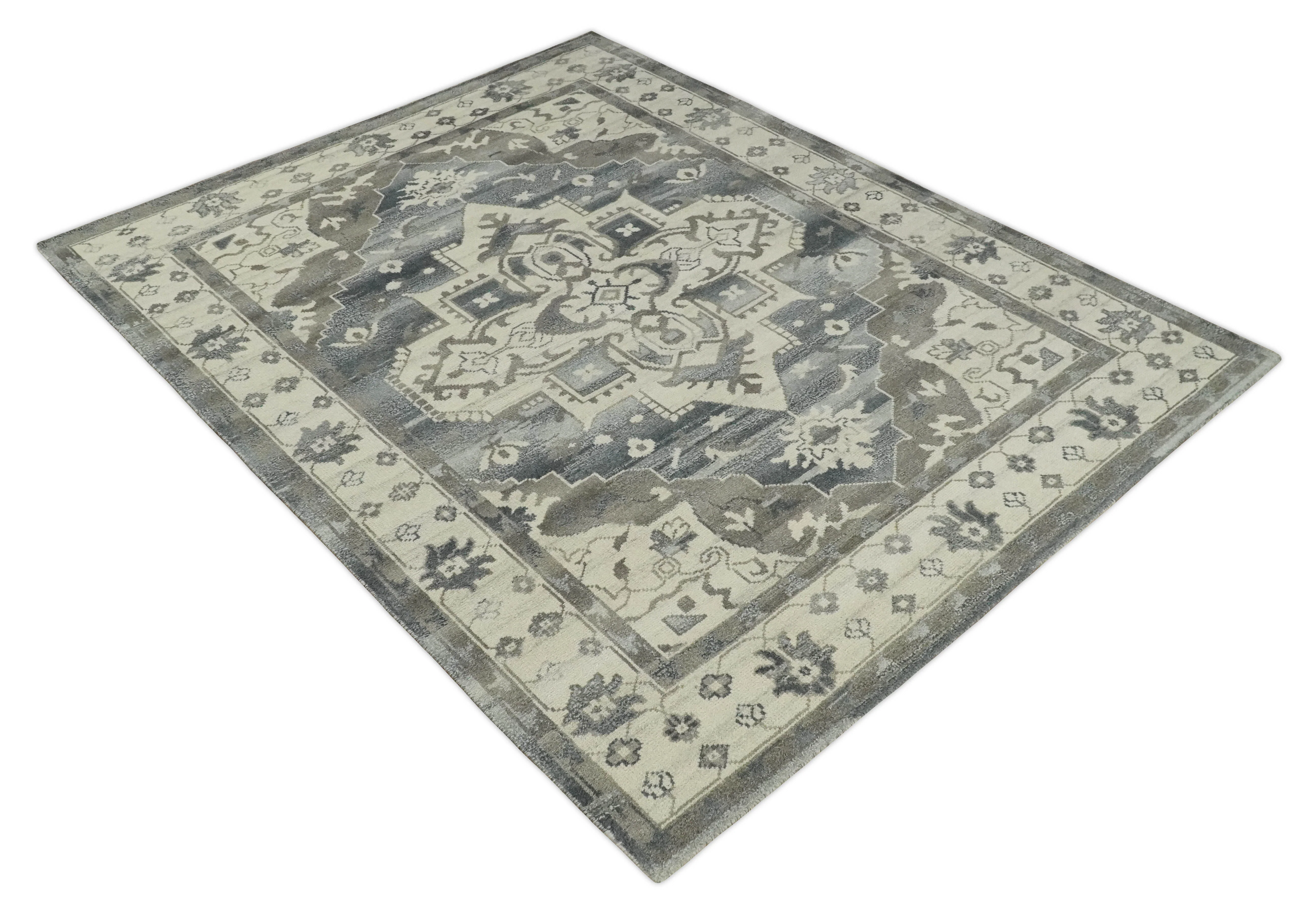 Custom Made Hand Knotted Ivory, Charcoal and Gray Traditional Medallion Natural Wool Area Rug, Kids, Living Room and Bedroom Rug - Image 9