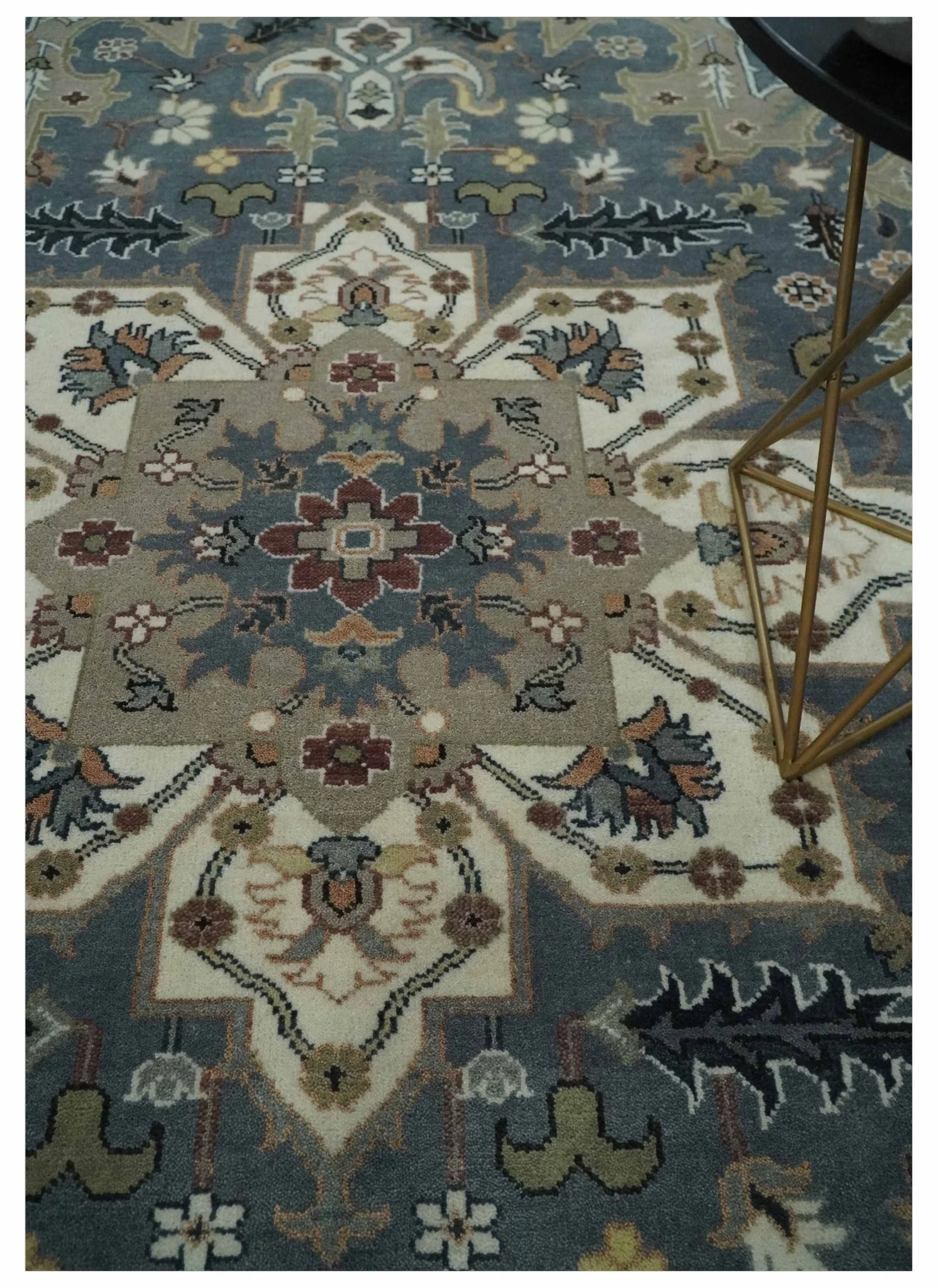 Large 9x12 Living Room Wool Rug, Hand Knotted Ivory, Charcoal and Olive Traditional Design - Image 2