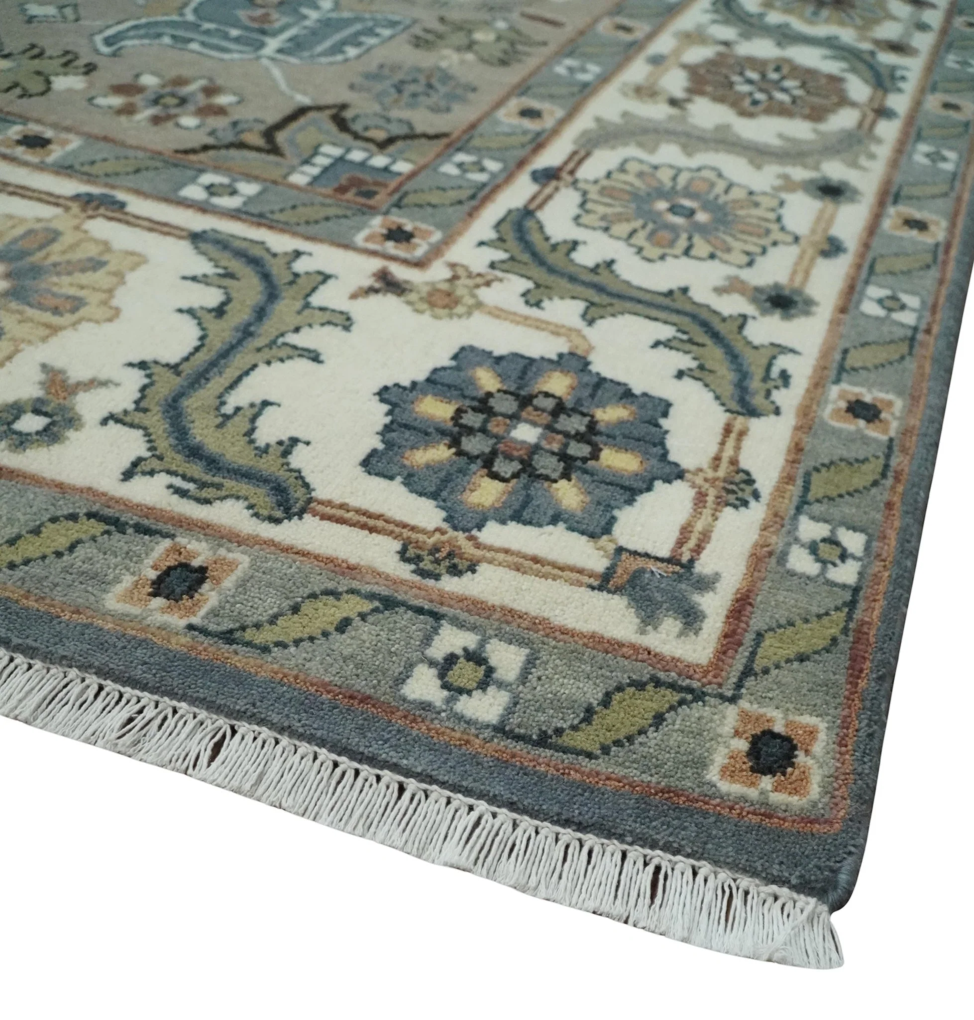 Large 9x12 Living Room Wool Rug, Hand Knotted Ivory, Charcoal and Olive Traditional Design - Image 5