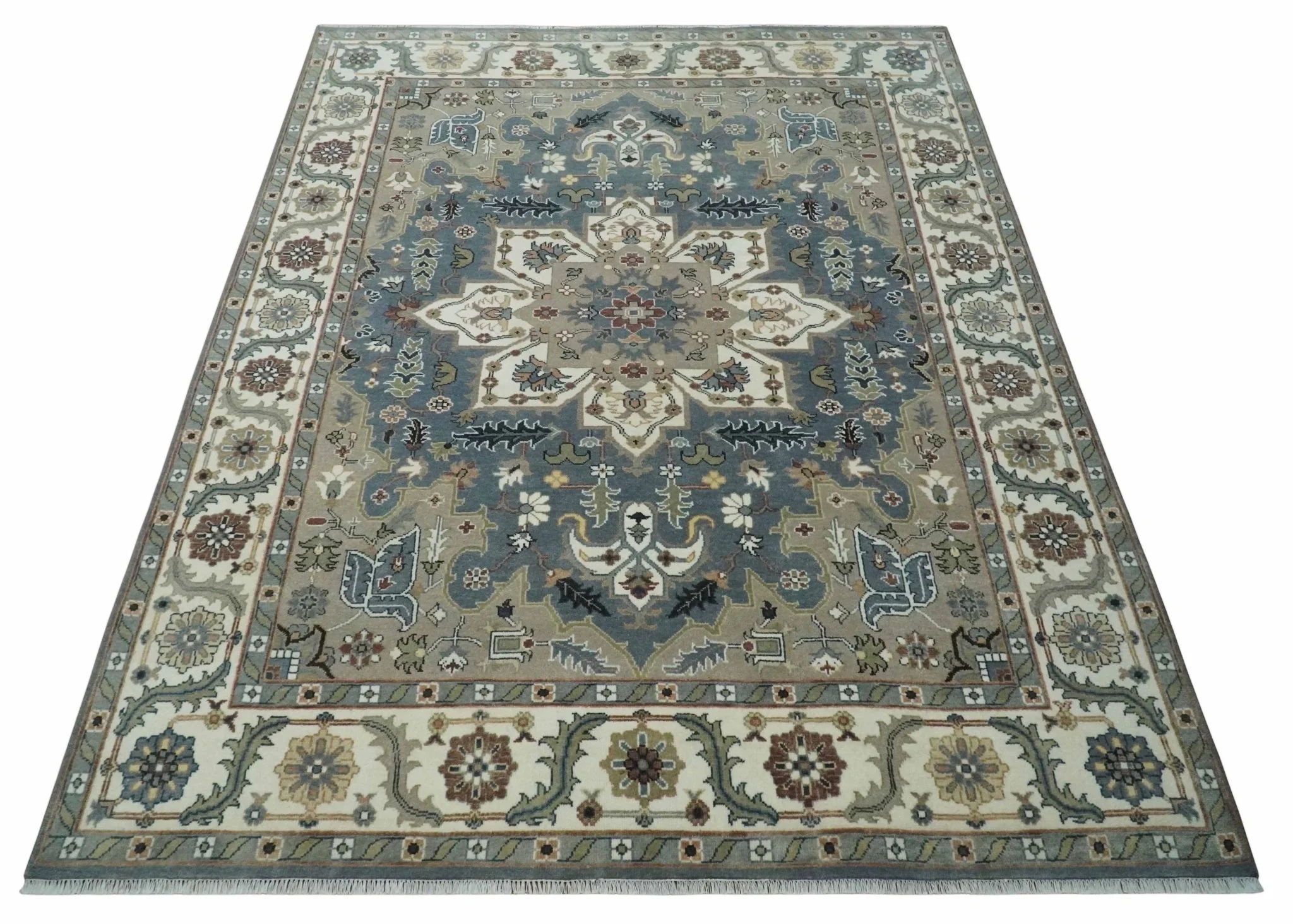 Custom Made Fine Knots Hand Knotted Ivory, Taupe and Olive Traditional Wool Rug - Image 10