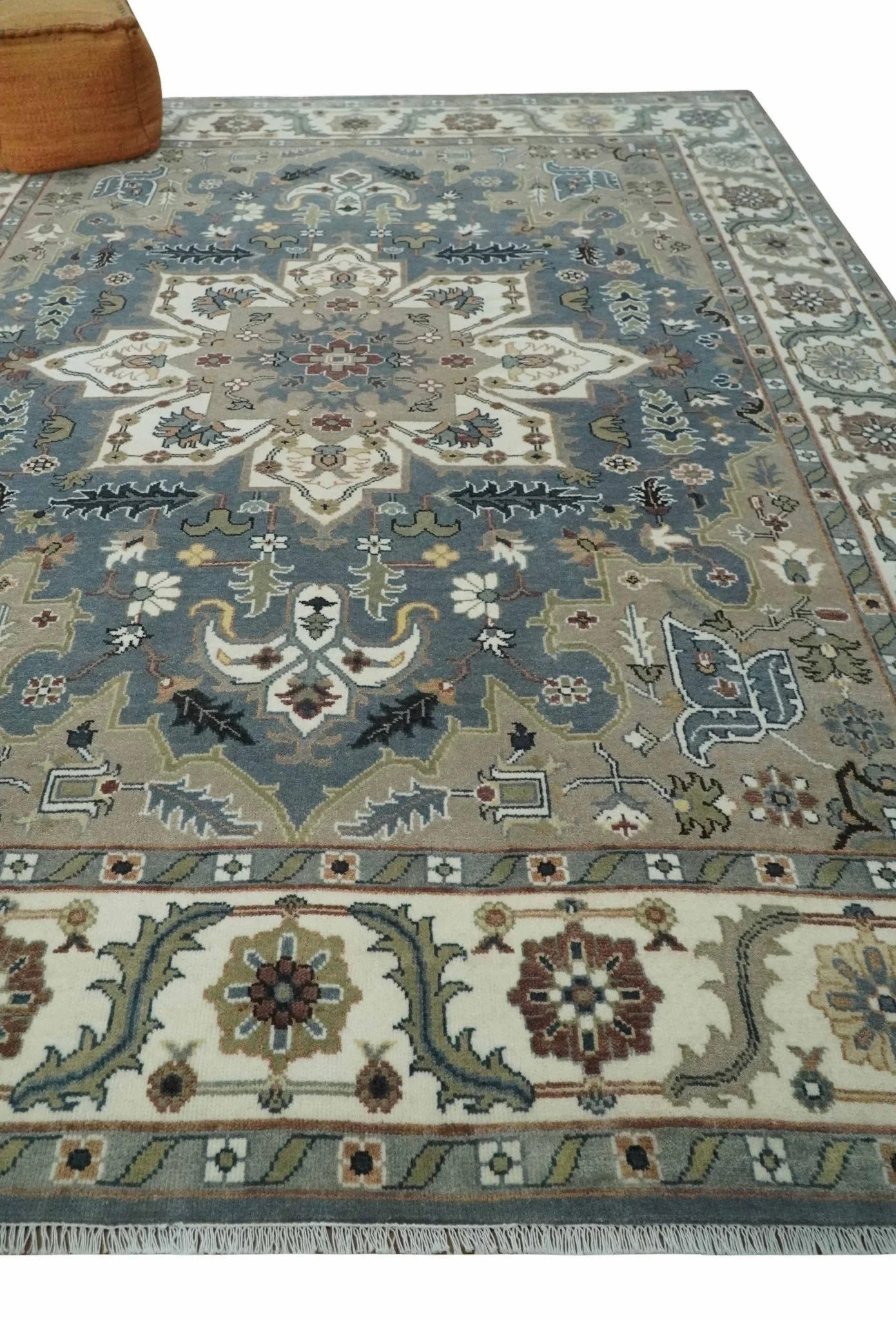 Custom Made Fine Knots Hand Knotted Ivory, Taupe and Olive Traditional Wool Rug - Image 3