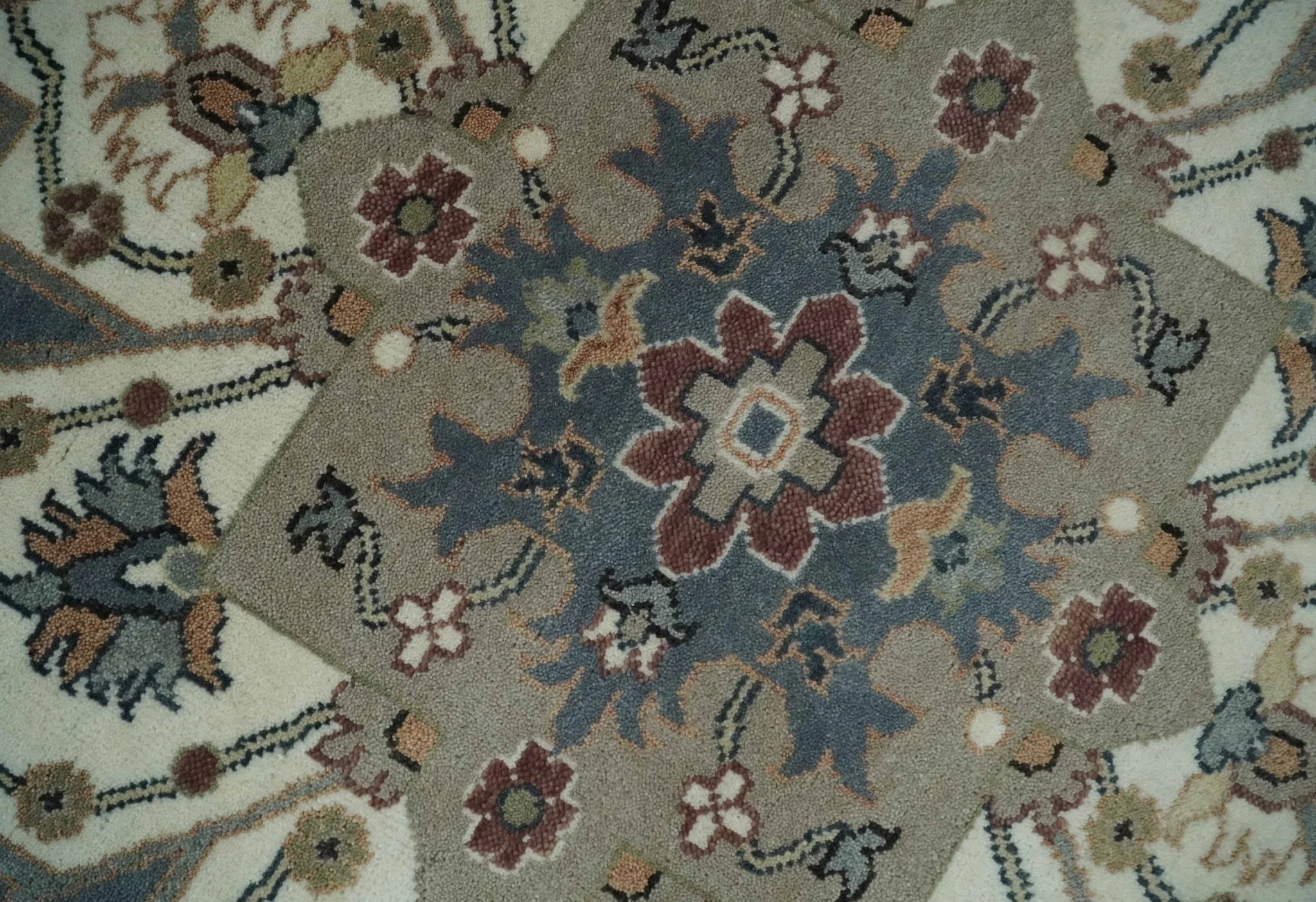 Custom Made Fine Knots Hand Knotted Ivory, Taupe and Olive Traditional Wool Rug - Image 4