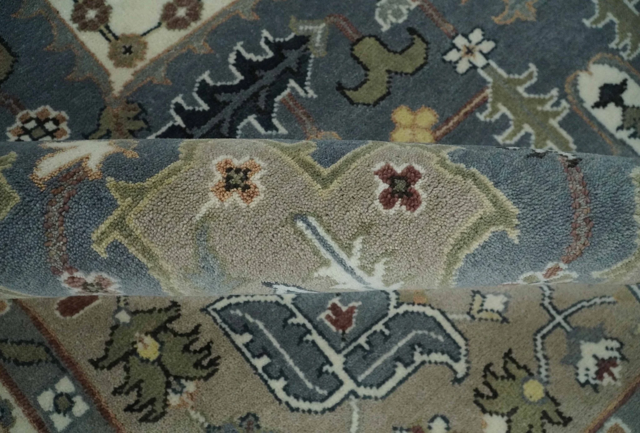 Custom Made Fine Knots Hand Knotted Ivory, Taupe and Olive Traditional Wool Rug - Image 6