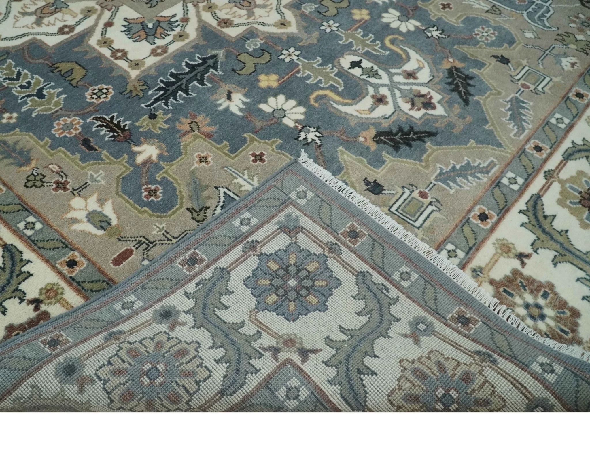 Custom Made Fine Knots Hand Knotted Ivory, Taupe and Olive Traditional Wool Rug - Image 7