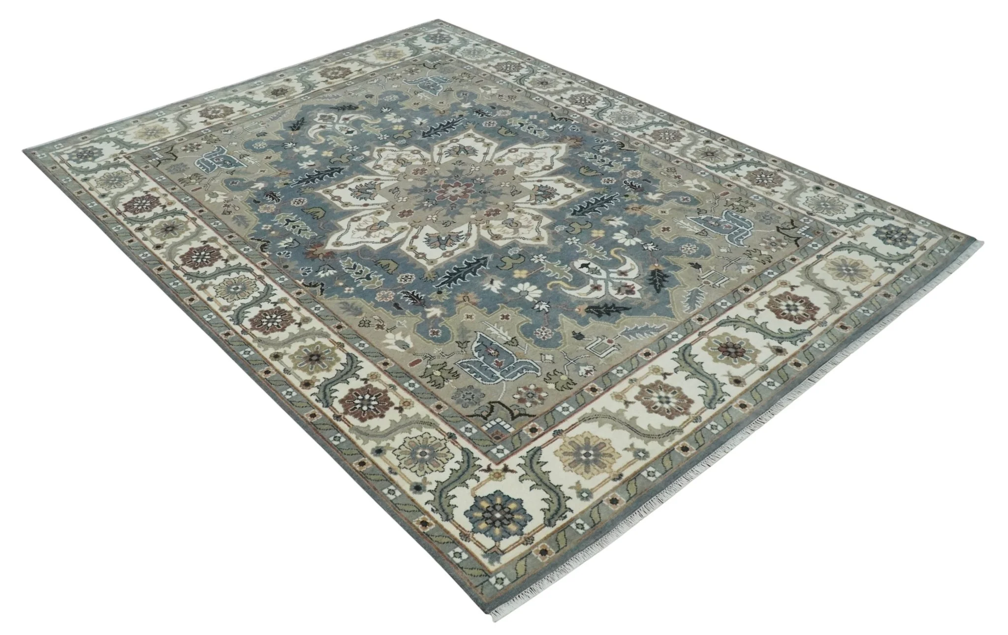 Custom Made Fine Knots Hand Knotted Ivory, Taupe and Olive Traditional Wool Rug - Image 9