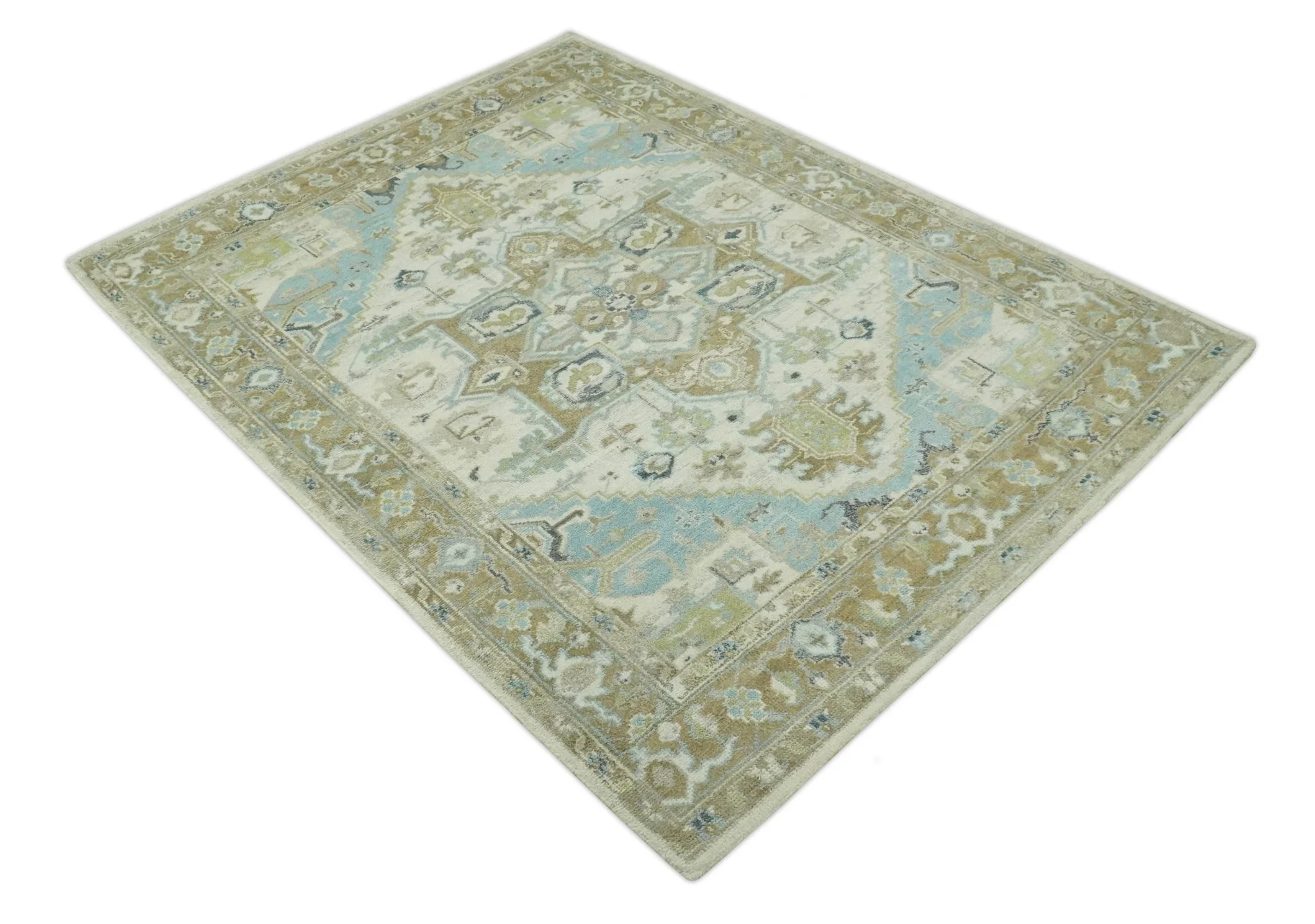 Custom Made Hand Knotted Ivory, Olive and Light Blue Traditional Wool Area Rug - Image 10