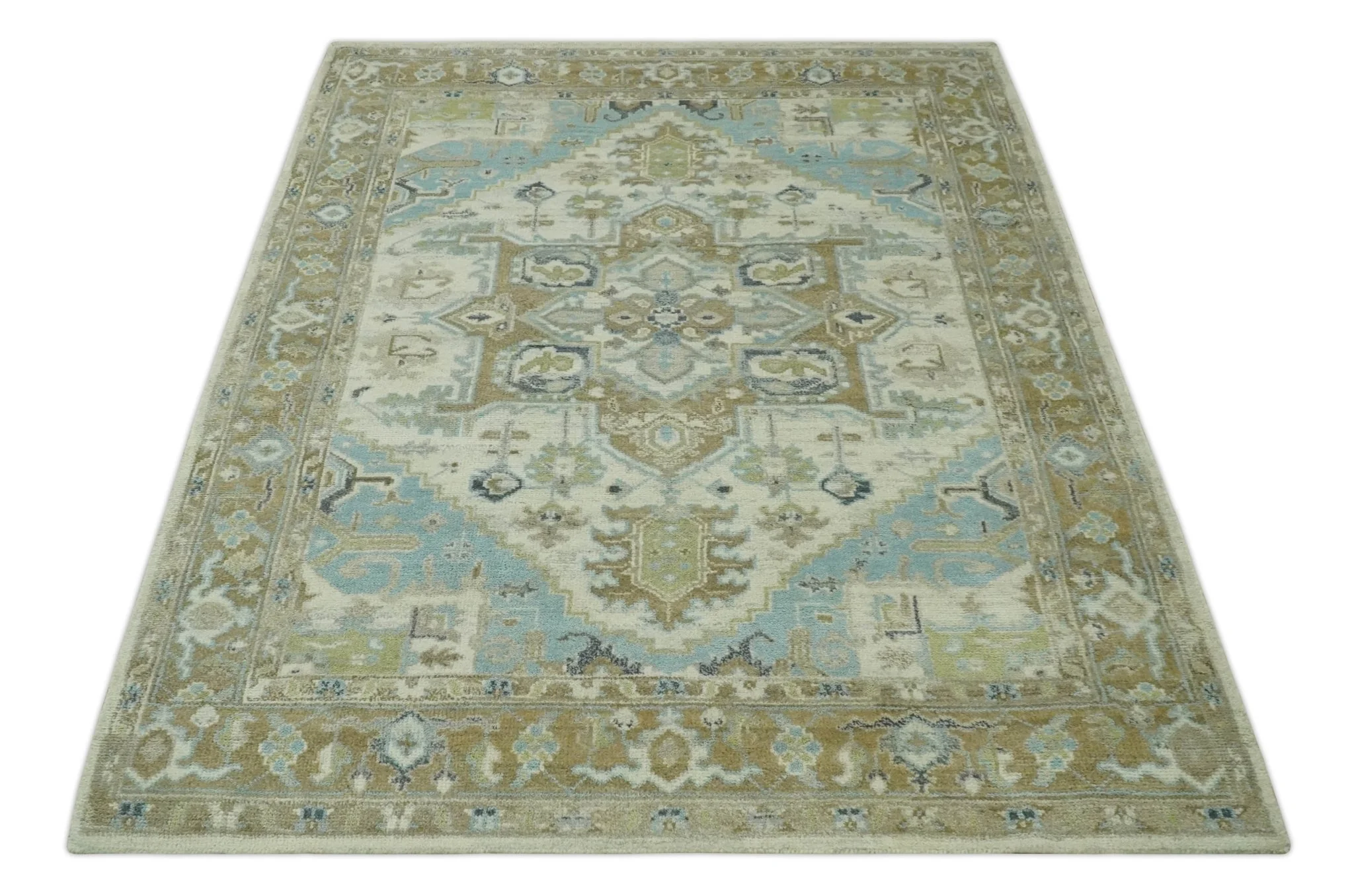 Custom Made Hand Knotted Ivory, Olive and Light Blue Traditional Wool Area Rug - Image 11