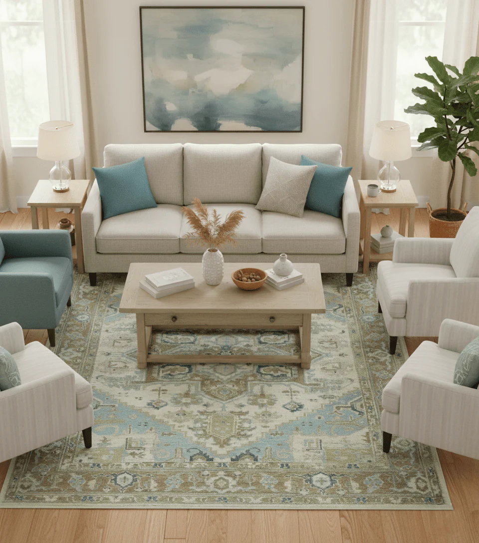 Custom Made Hand Knotted Ivory, Olive and Light Blue Traditional Wool Area Rug - Image 2