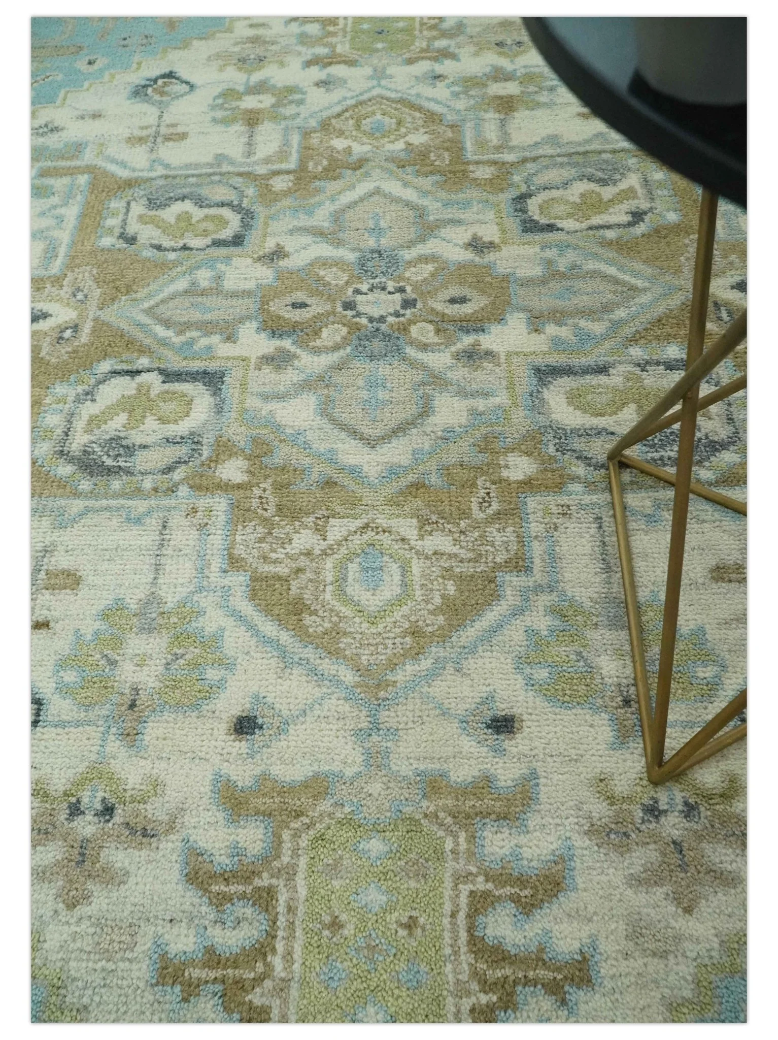 Custom Made Hand Knotted Ivory, Olive and Light Blue Traditional Wool Area Rug - Image 3