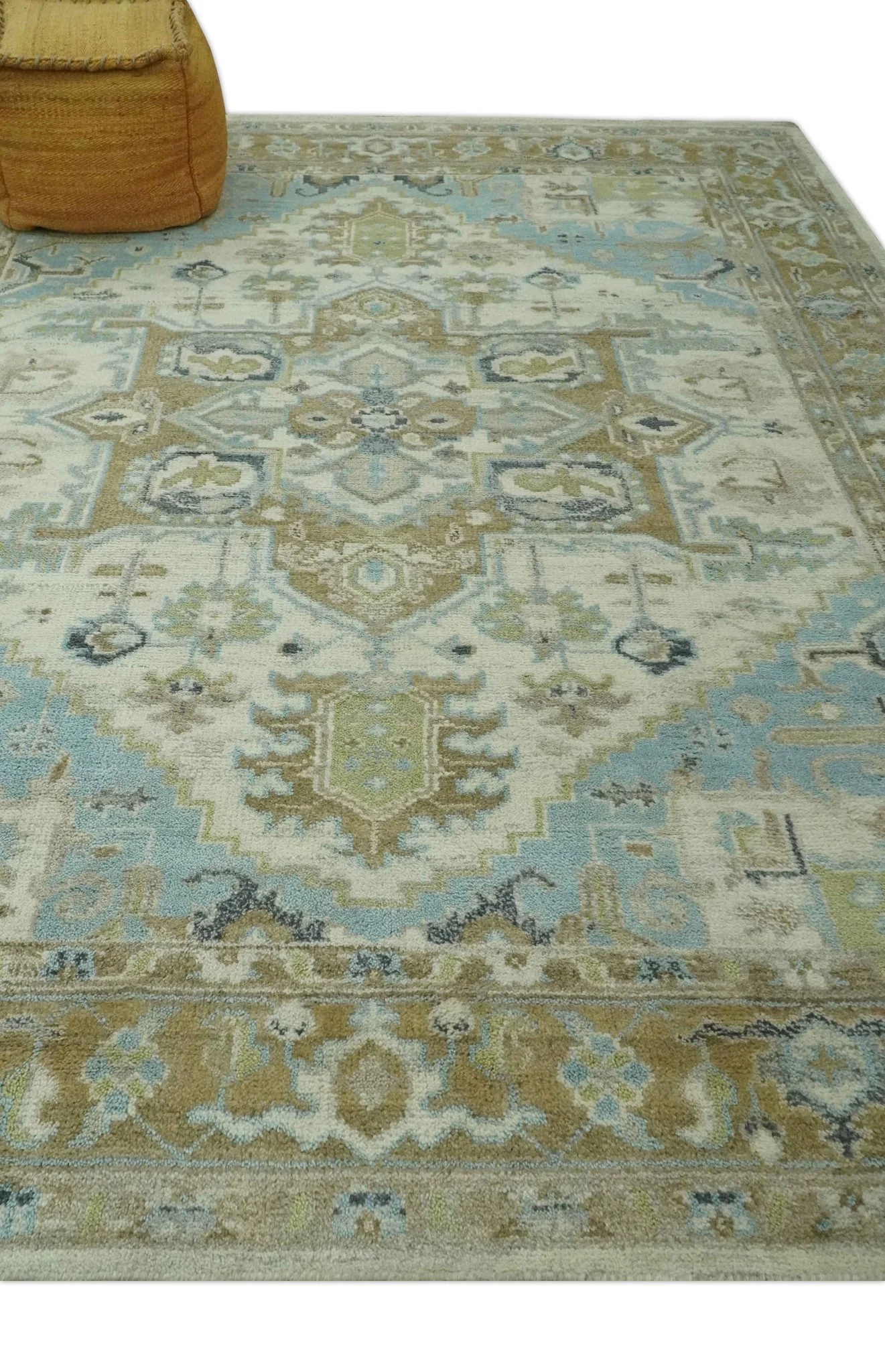 Custom Made Hand Knotted Ivory, Olive and Light Blue Traditional Wool Area Rug - Image 4