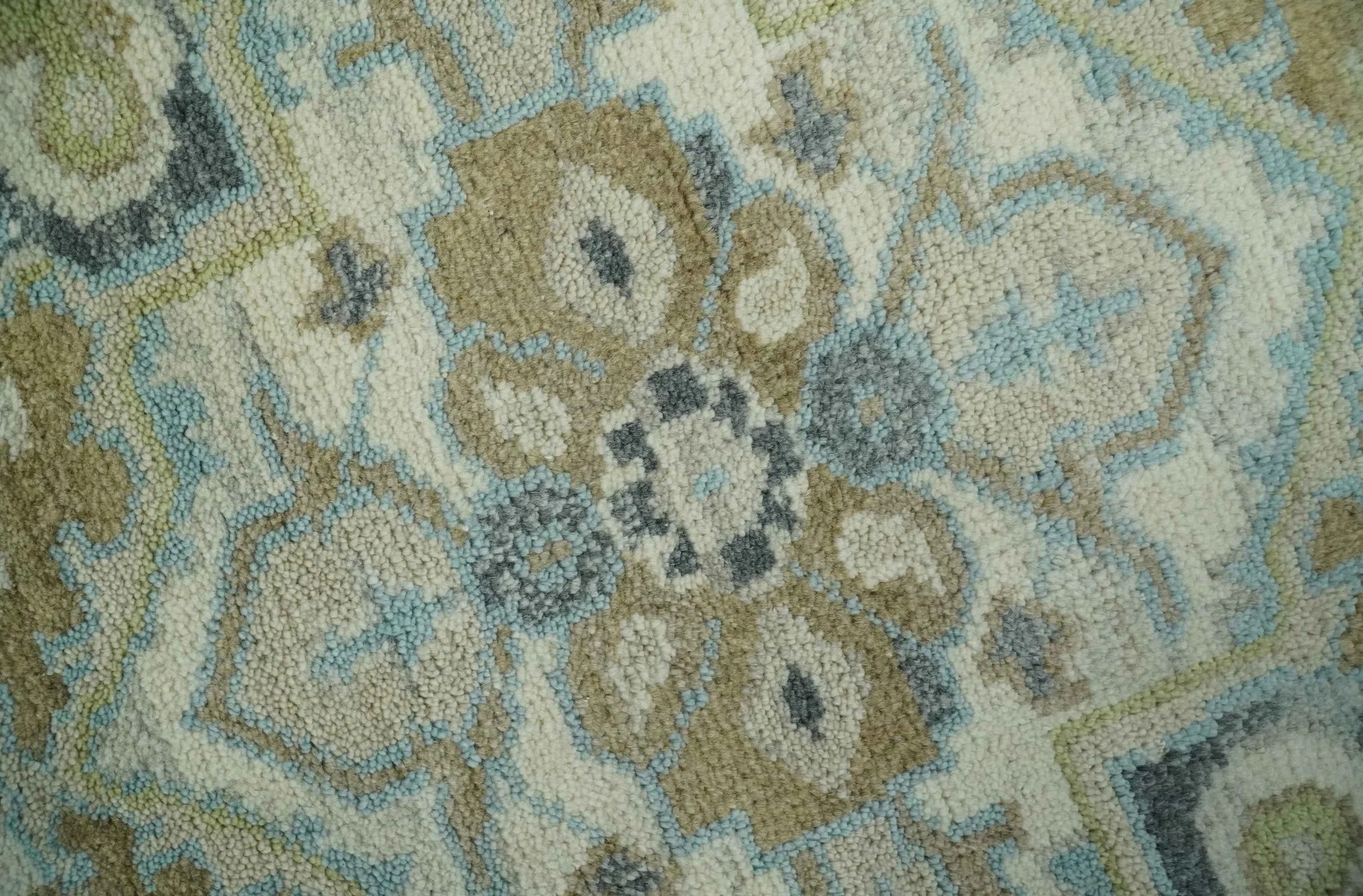 Custom Made Hand Knotted Ivory, Olive and Light Blue Traditional Wool Area Rug - Image 5
