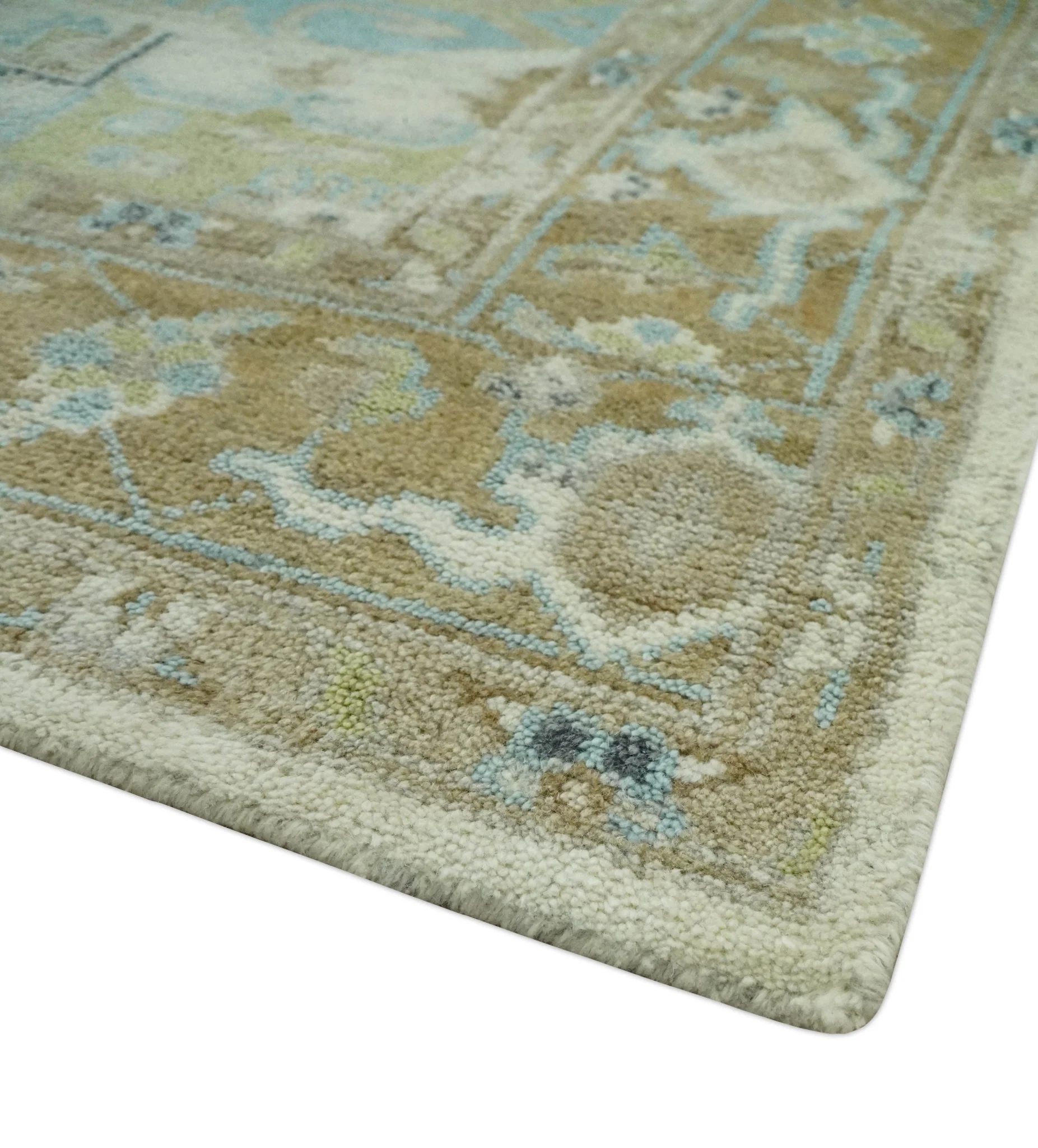 Custom Made Hand Knotted Ivory, Olive and Light Blue Traditional Wool Area Rug - Image 6
