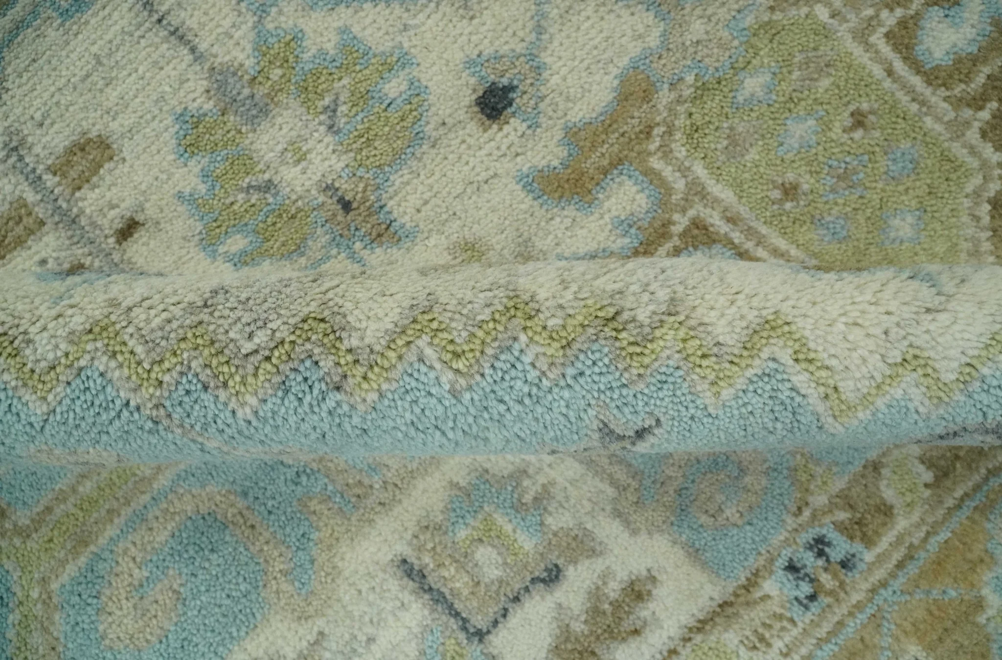Custom Made Hand Knotted Ivory, Olive and Light Blue Traditional Wool Area Rug - Image 7