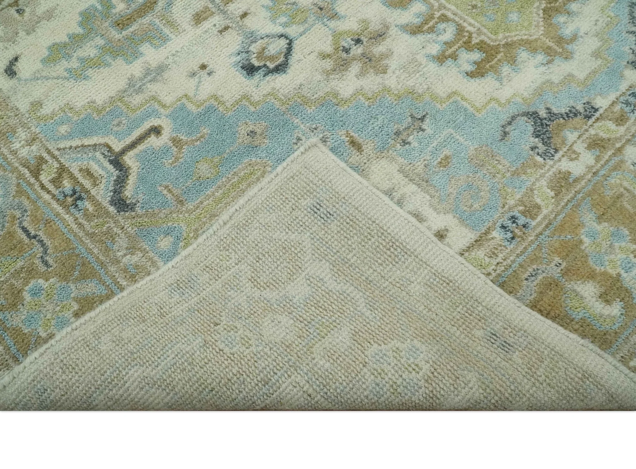 Custom Made Hand Knotted Ivory, Olive and Light Blue Traditional Wool Area Rug - Image 8